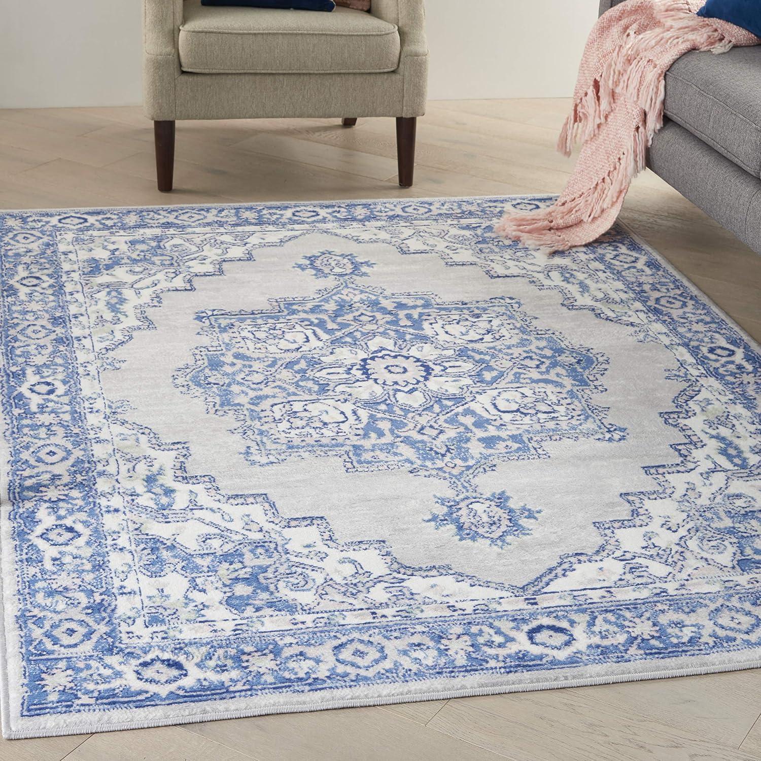 Grey Blue Floral Motif 6' x 9' Easy-Care Synthetic Area Rug