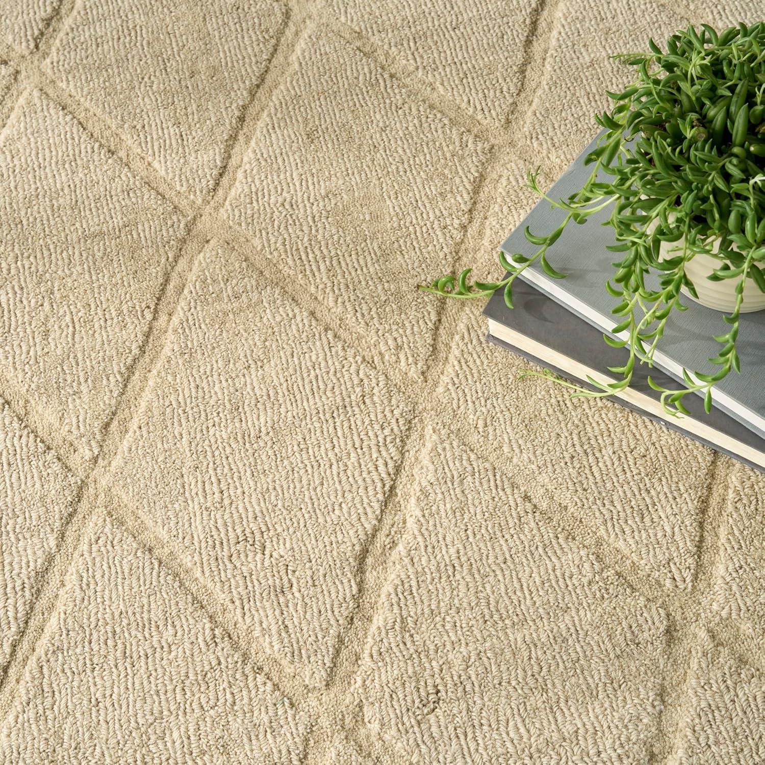 Nourison 5'3"x7'3" Wool Haven Modern Handwoven Area Rug Beige: Geometric Diamond Pattern, Medium Pile, Hand-Carved
