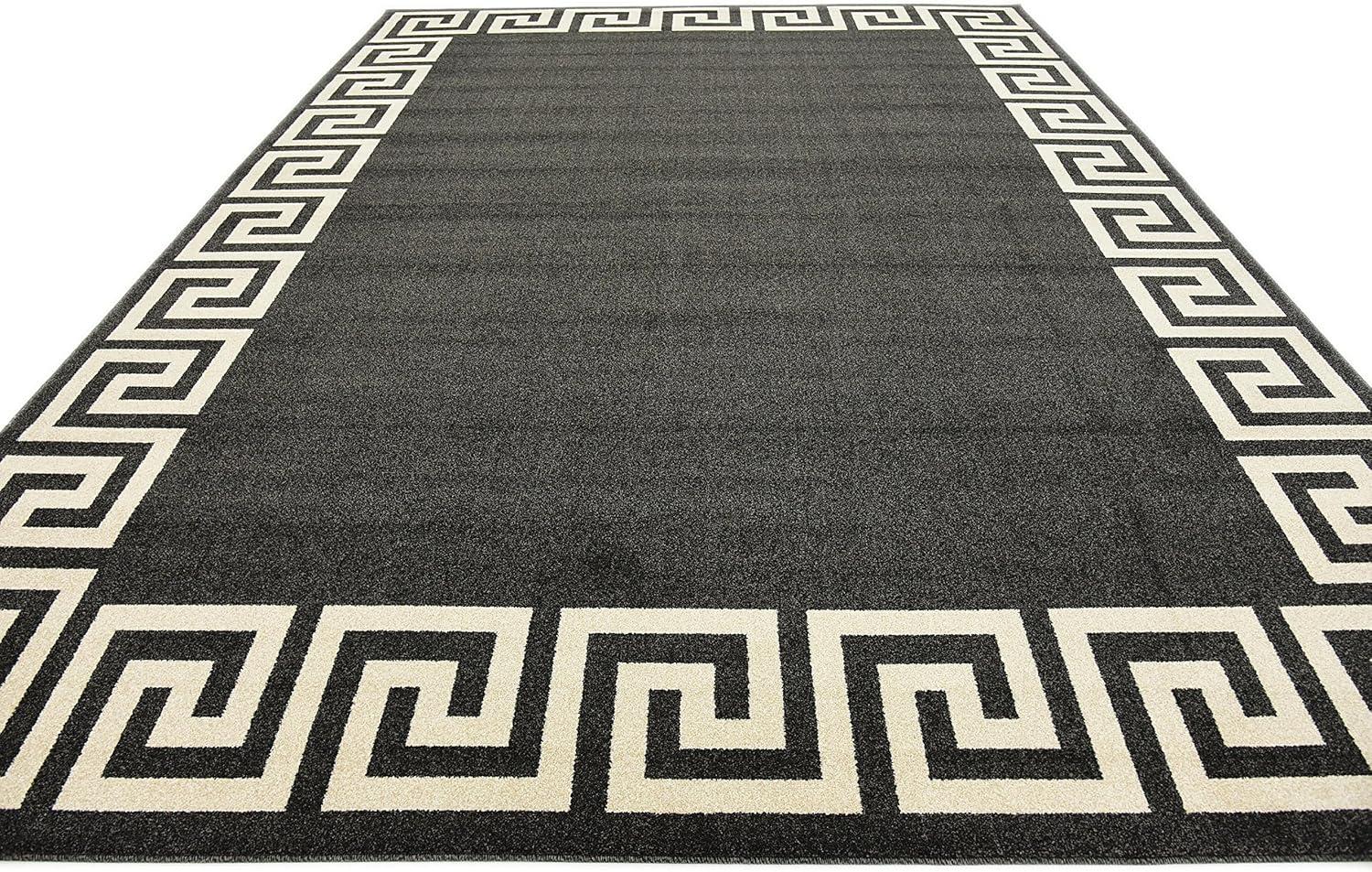 Charcoal and Grey Rectangular Geometric Border Area Rug, 9' x 12'