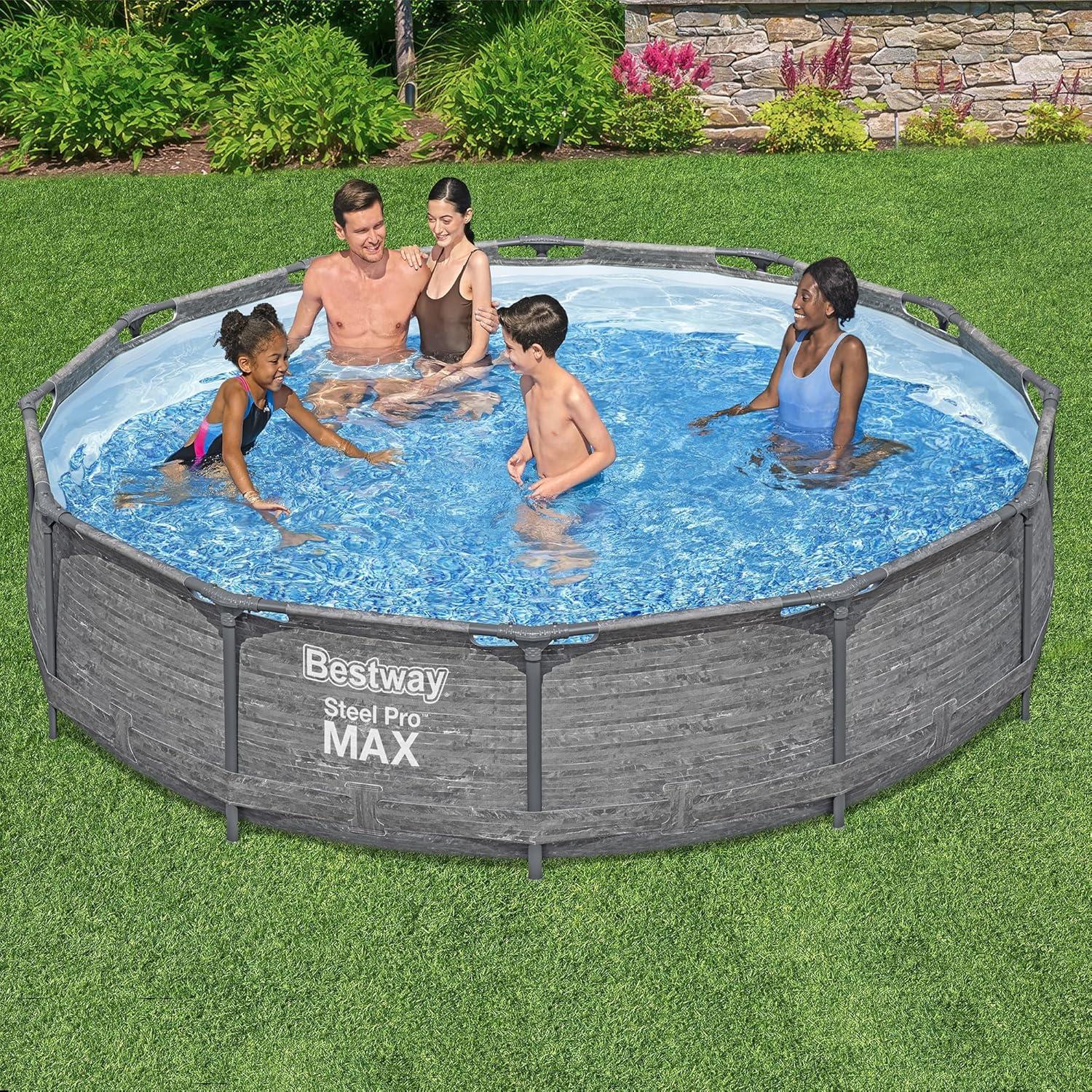 Bestway Steel Pro MAX 12' x 30" Round Above Ground Swimming Pool Set Outdoor Metal Frame Family Pool with Liner and Filter Pump, Gray