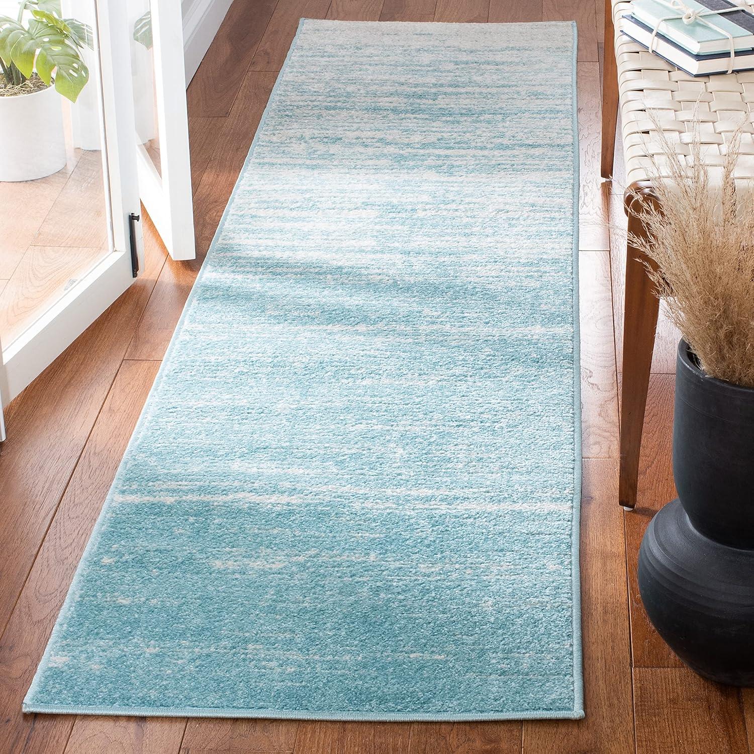 Aqua and Ivory Ombre Hand-knotted Runner Rug