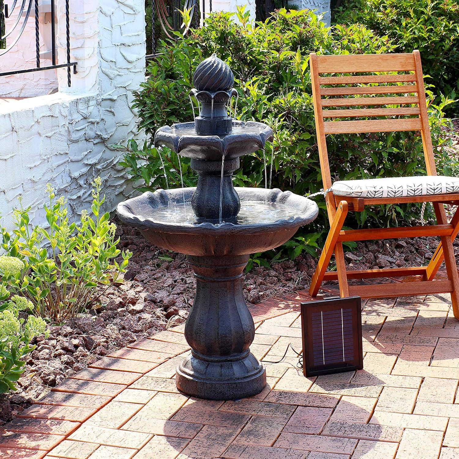 Sunnydaze Outdoor 2-Tier Solar Powered Water Fountain with Battery Backup and Submersible Pump - 35" - Black Earth Finish