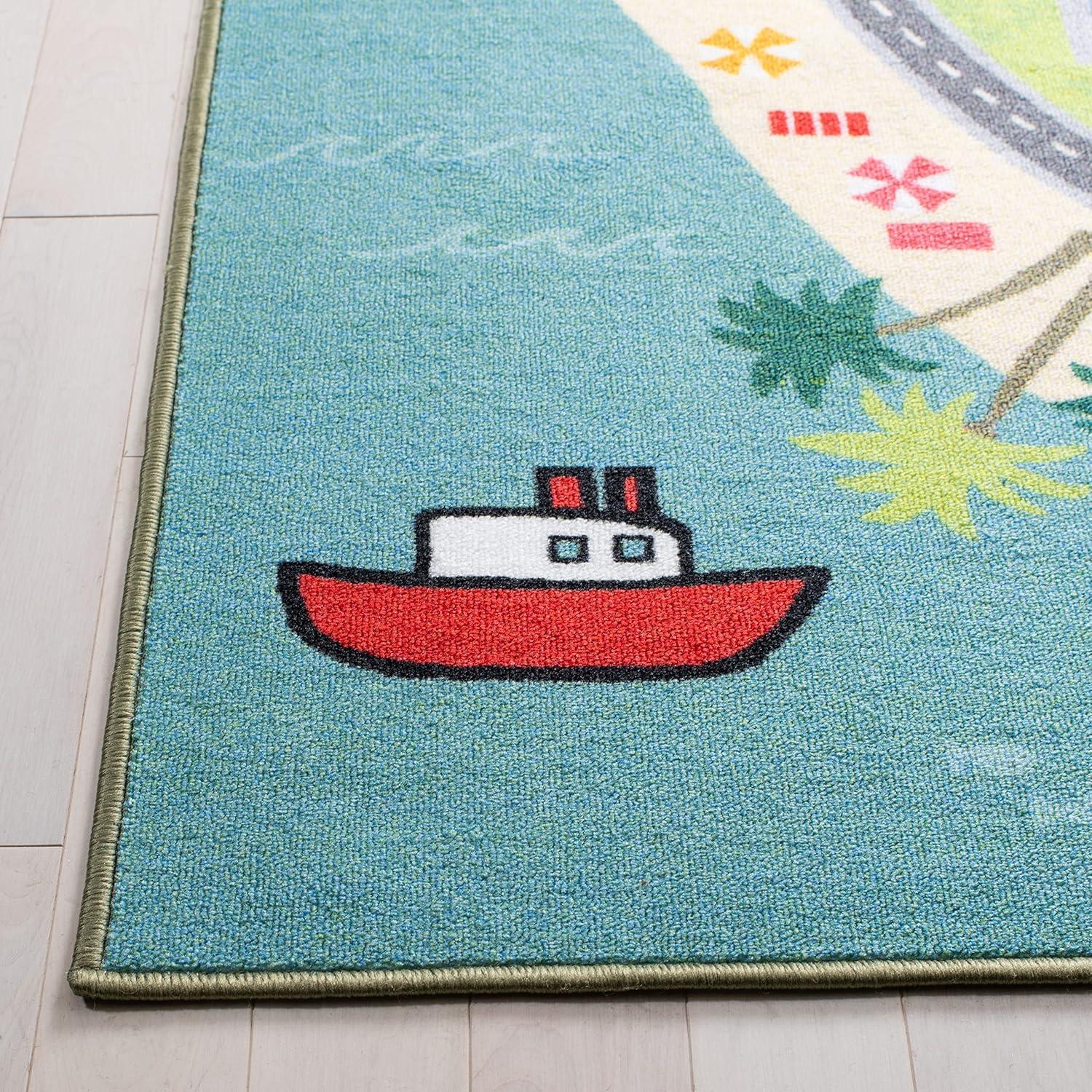 Blue Geometric Kids' Washable Non-Slip Rectangular Rug