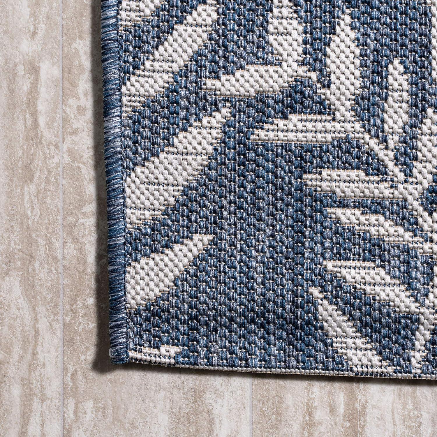 5' Square Nevis Palm Frond Indoor/Outdoor Area Rug, Navy/Ivory - JONATHAN Y