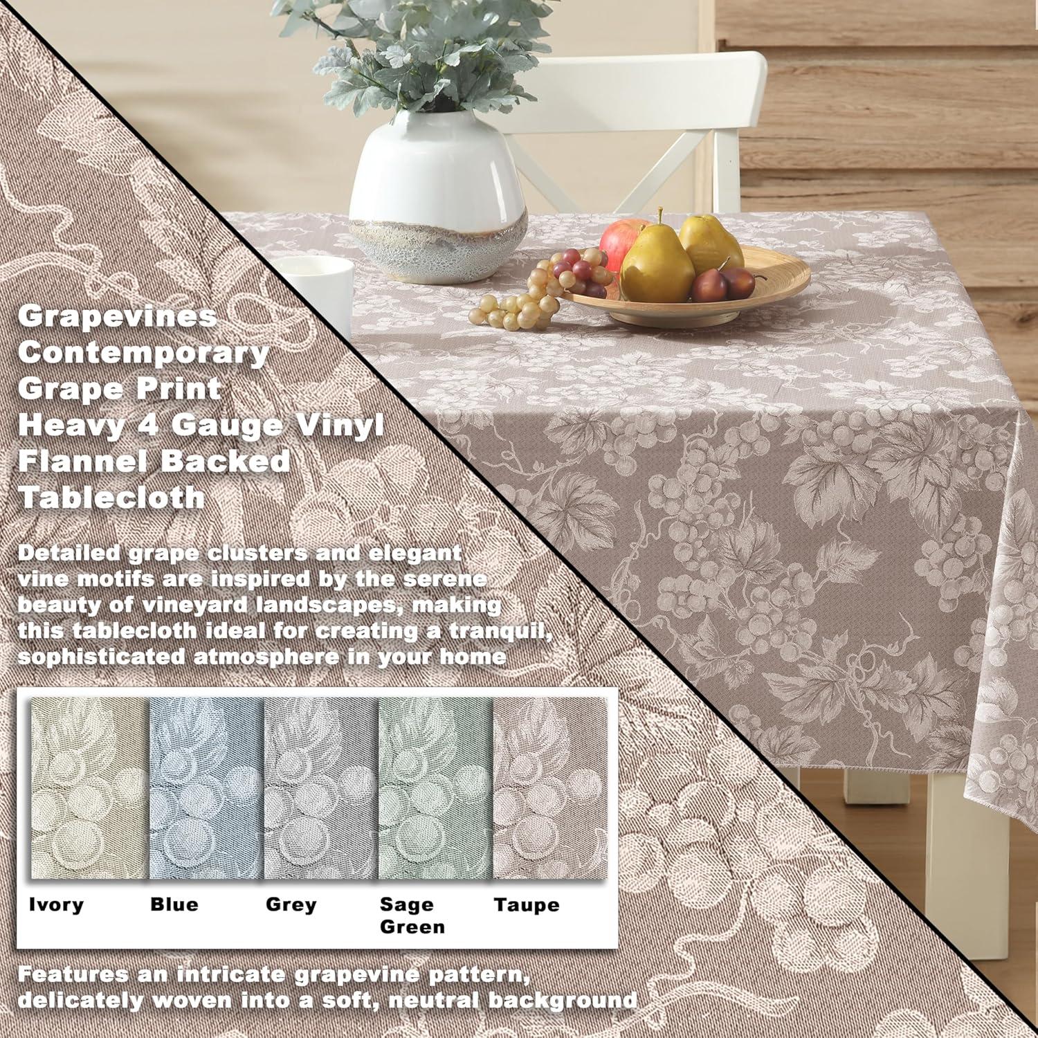 Taupe Grapevine Print Vinyl Tablecloth with Flannel Backing