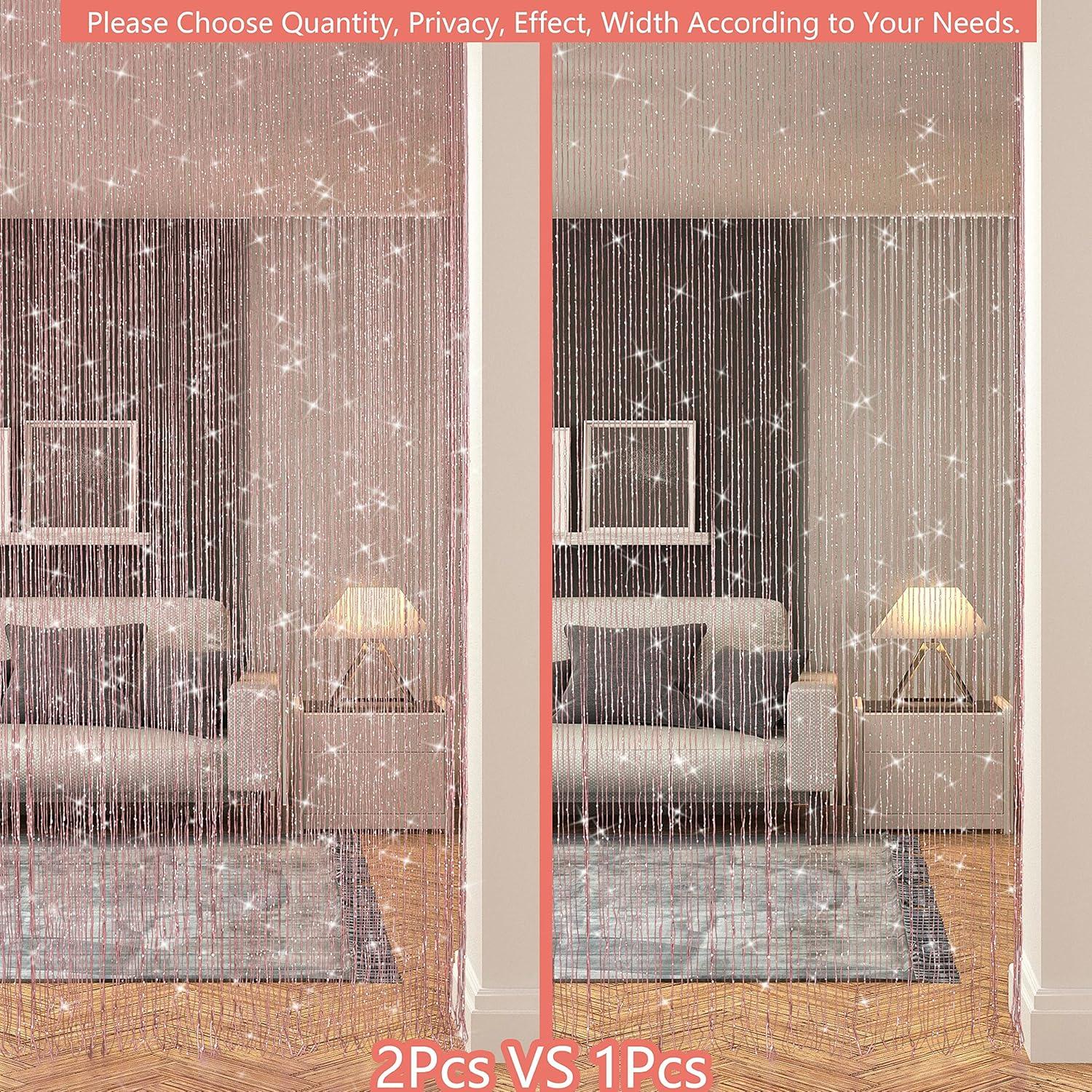 2 PcsString Curtains for Doorways Glitter Beaded Curtains Door Sparkle Beads Curtain Open Closet Laundry Hanging Hippie Glisten Beads Window Girls Panel (Light Pink, 39"×79" in)