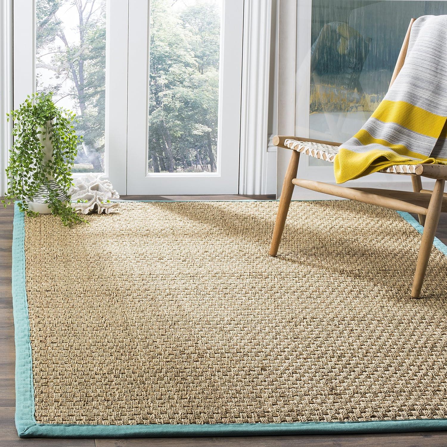 Natural Teal Border Flat Woven Cotton Area Rug