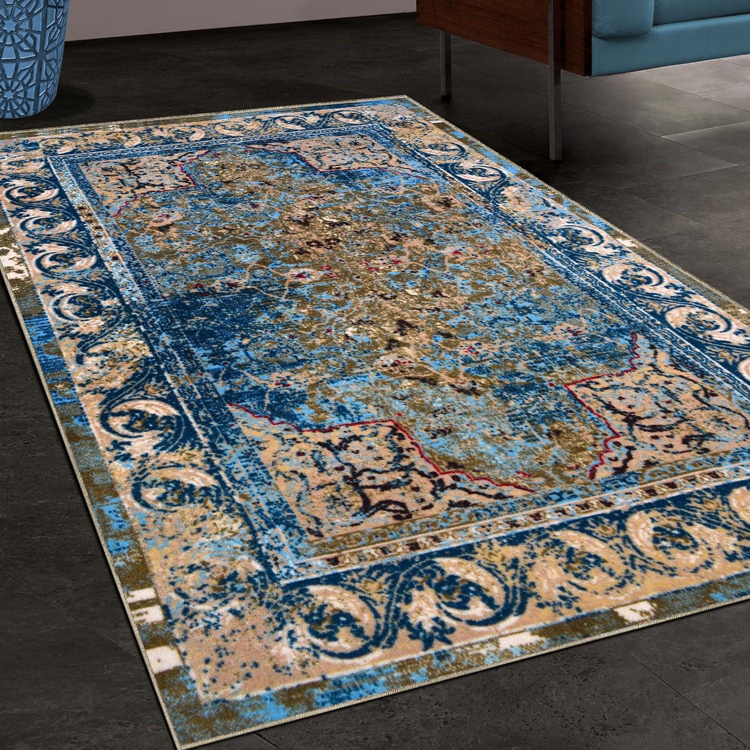 Blue and Beige Distressed Nylon Area Rug, 4' x 6'