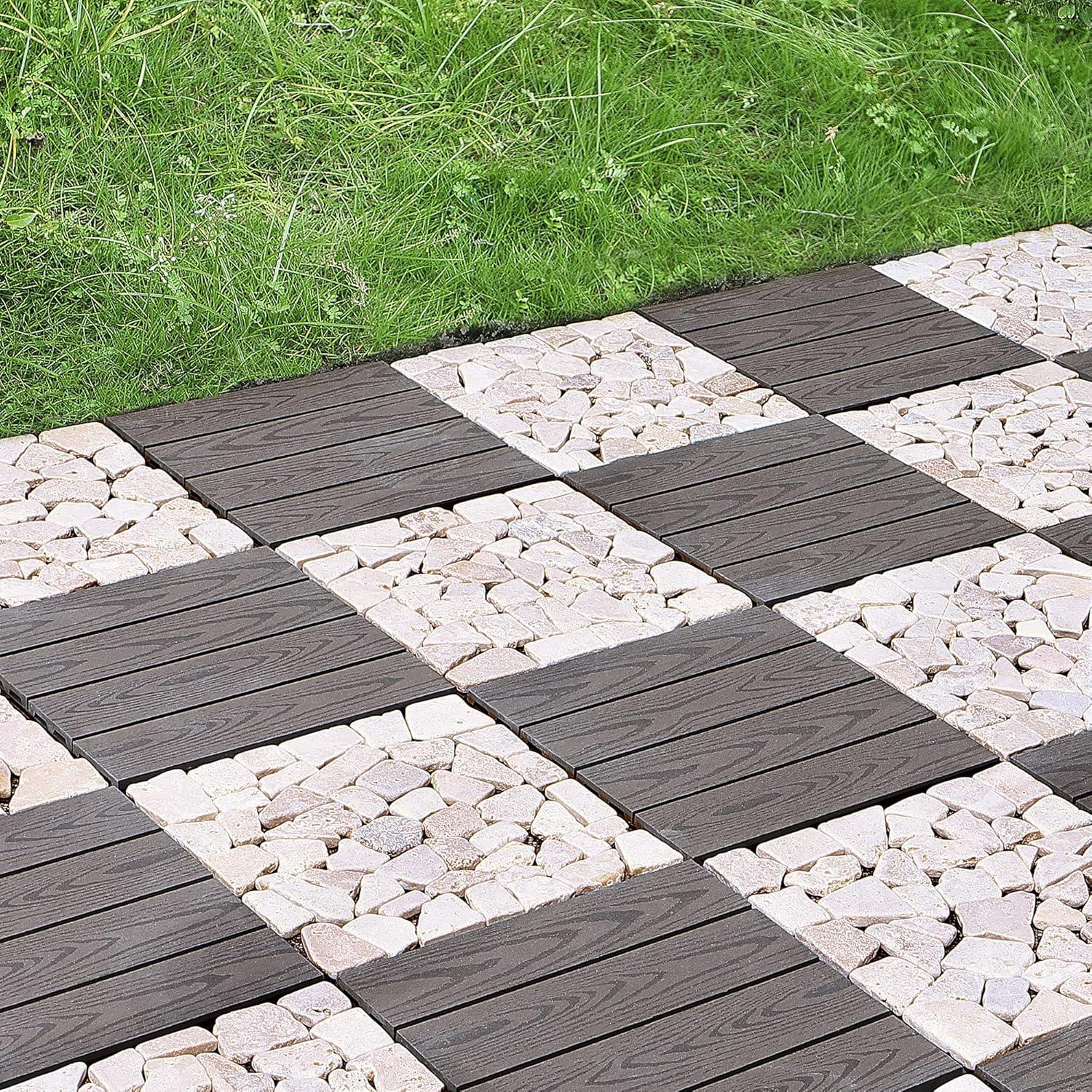 PURE ERA 12" x 12 "4pcs Natural Hole Stones Interlocking Decking Tile Set Indoor Outdoor Floor Patio Pathway Ground Coverings (Pack of 4, Sliced Tan/Light Beige)