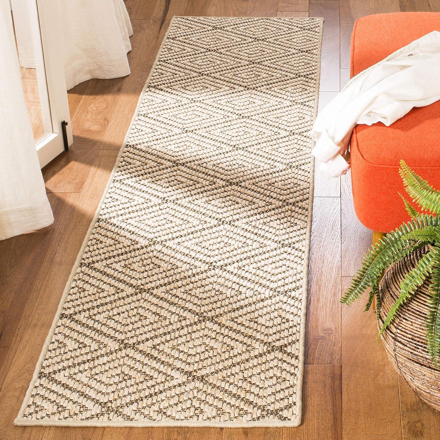 Beige and Brown Geometric Sisal Runner Rug, 2' x 8'