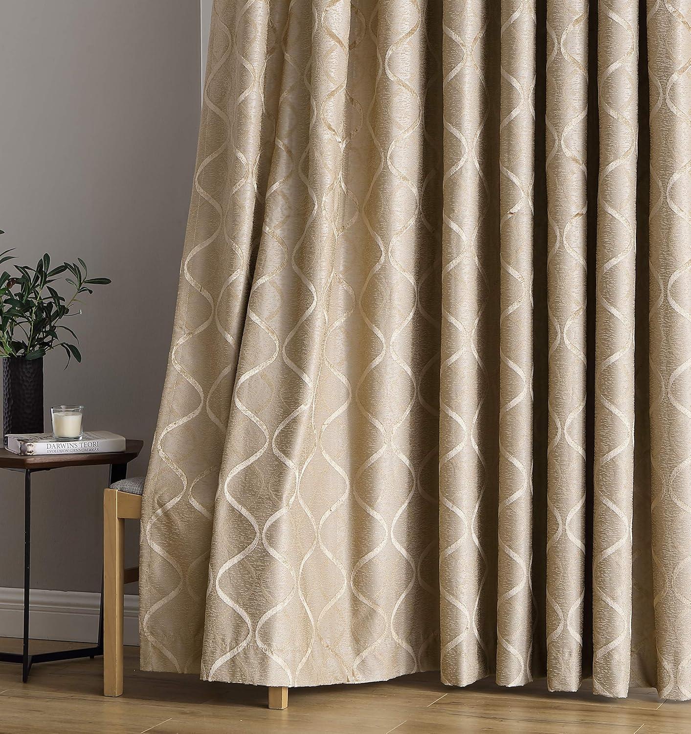 HLC.ME Versailles Lattice Flocked 100% Complete Blackout Thermal Insulated Window Curtain Grommet Panels, Set of 2 - Taupe, 50 W x 63 L