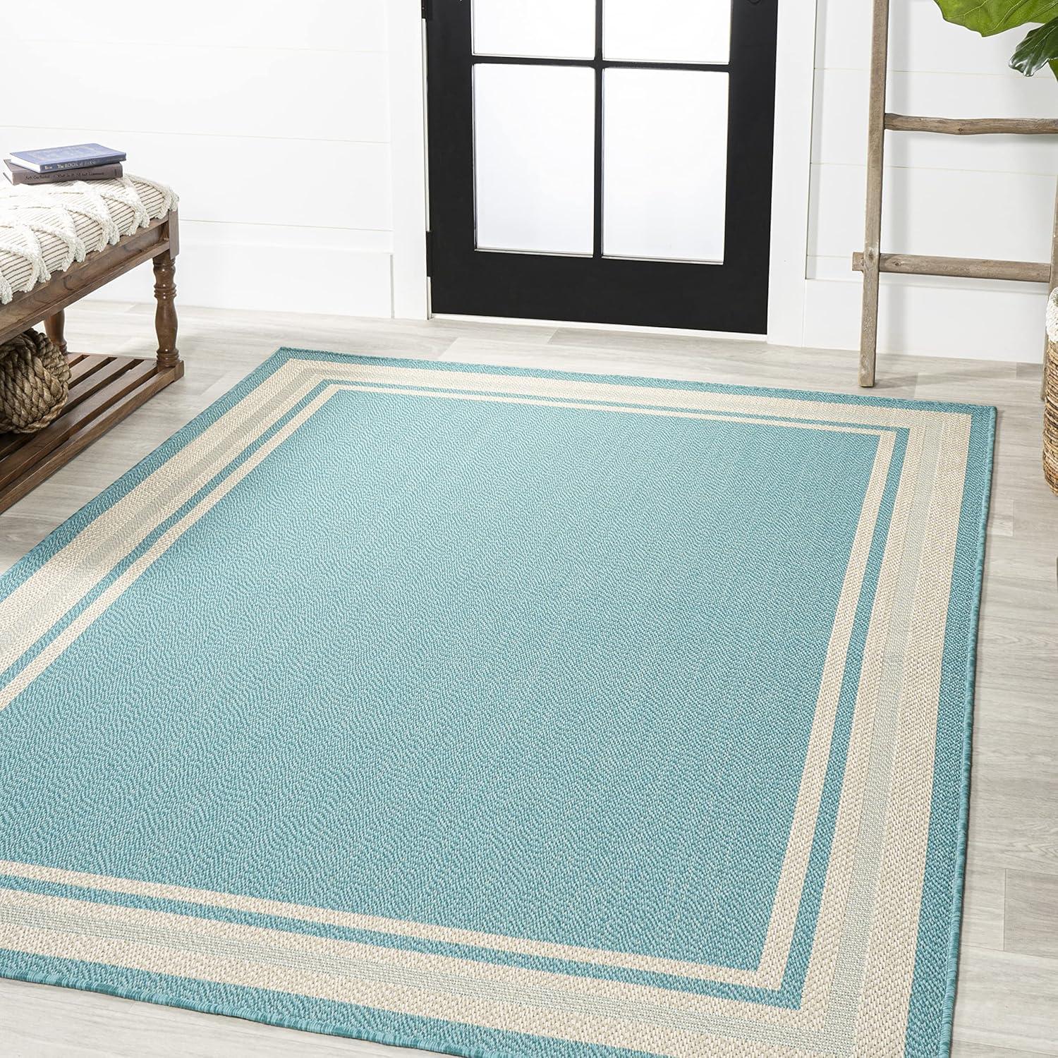 5' x 8' James Modern Border Stripe Indoor/Outdoor Area Rug, Aqua/Beige - JONATHAN Y