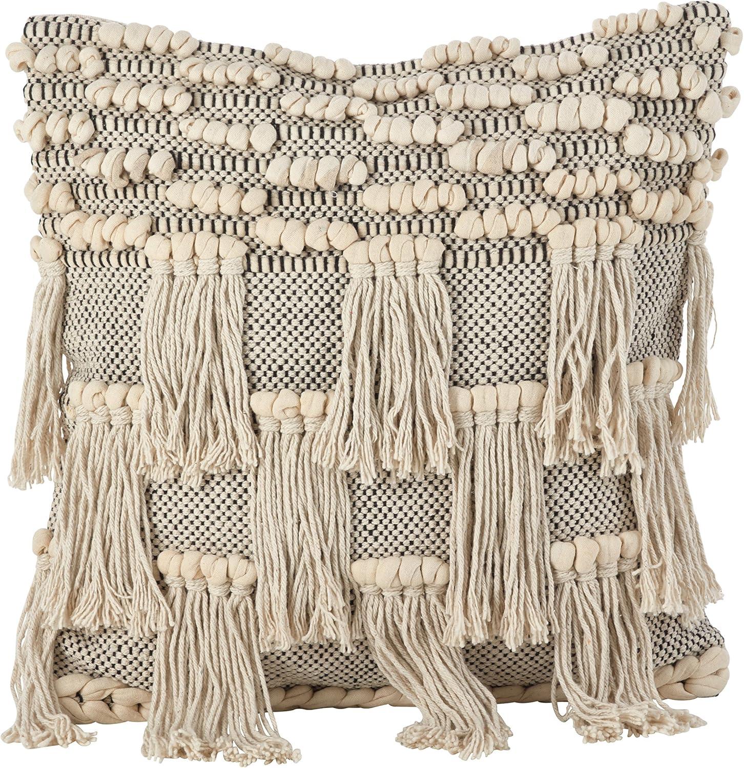 Ivory Cotton Fringe Square Throw Pillow with Down Fill