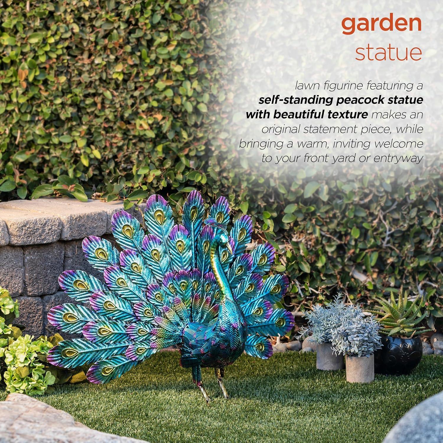 22" Metal Feather Spread Peacock Outdoor Decor Statue - Alpine Corporation: Lawn Accent, No Battery Required