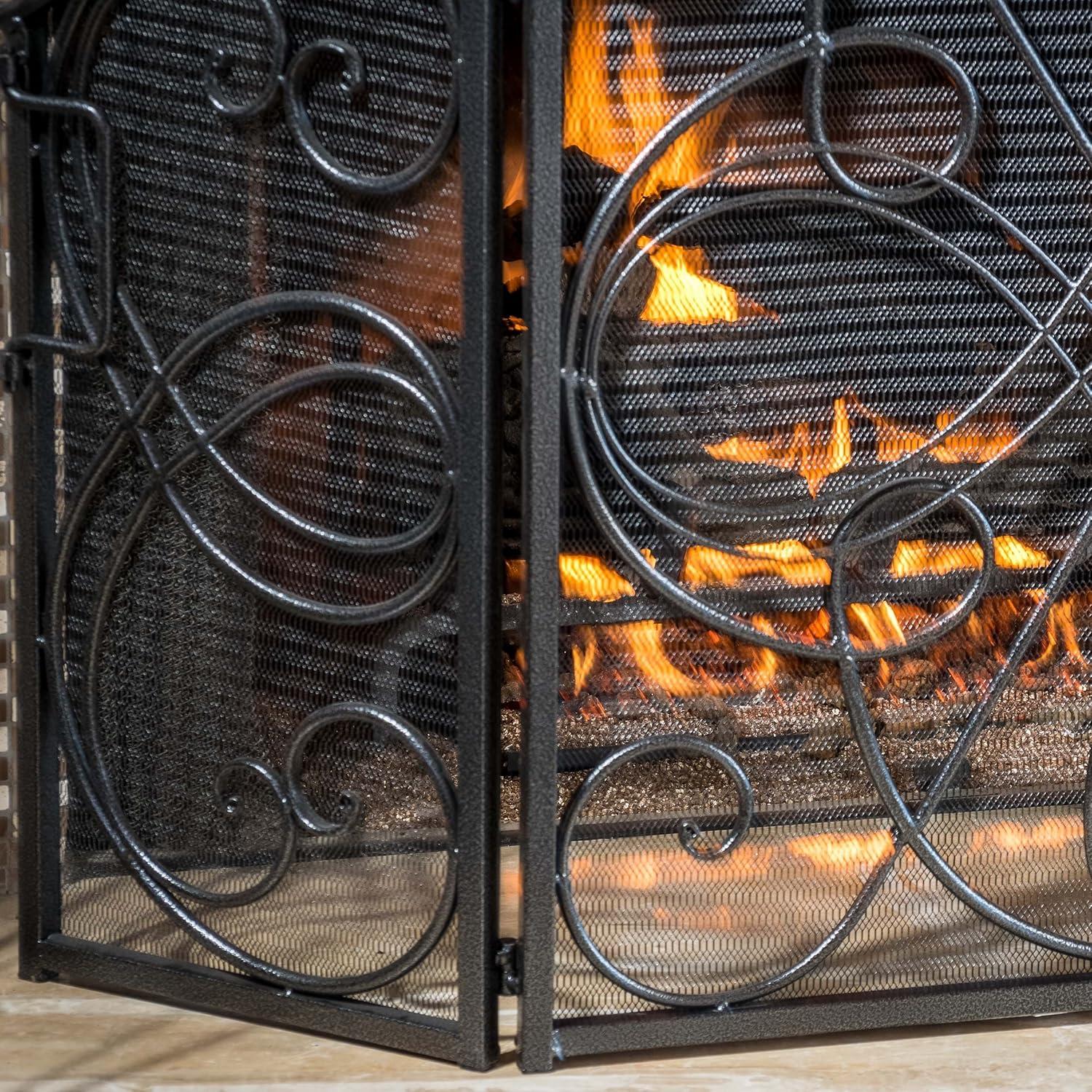 GDF Studio Noweta Traditional Iron Three Panel Fireplace Screen, Silver and Black