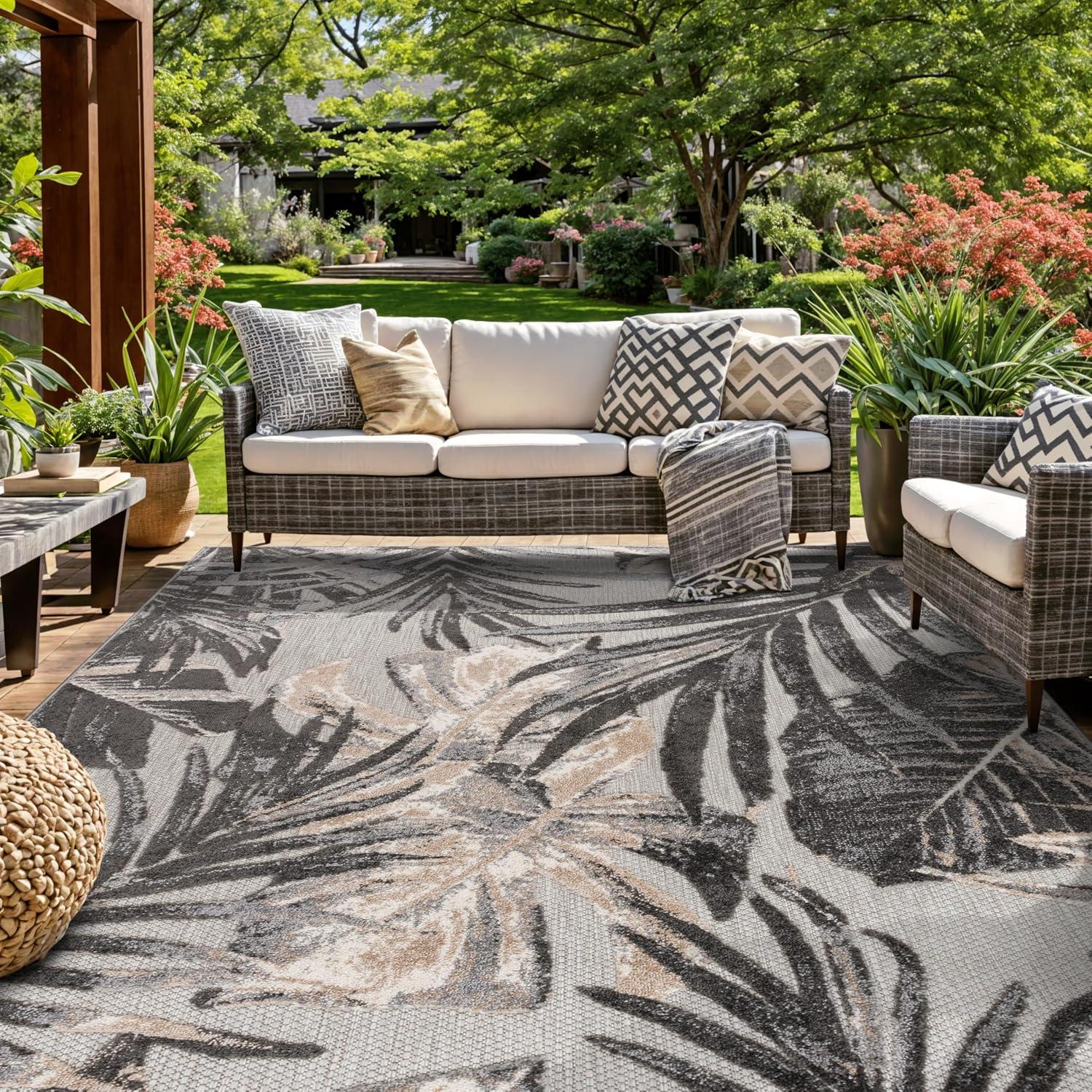 World Rug Gallery Floral Leaves Indoor/Outdoor Area Rug - Gray 7'10" x 10':  Weather-Resistant,  Low Pile,  Patio Rug