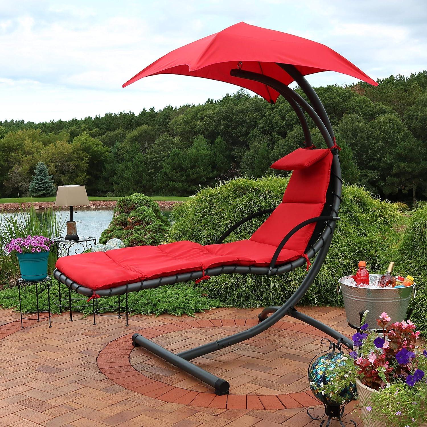 Sunnydaze Outdoor Hanging Chaise Floating Lounge Chair with Canopy Umbrella and Arc Stand, Burnt Orange