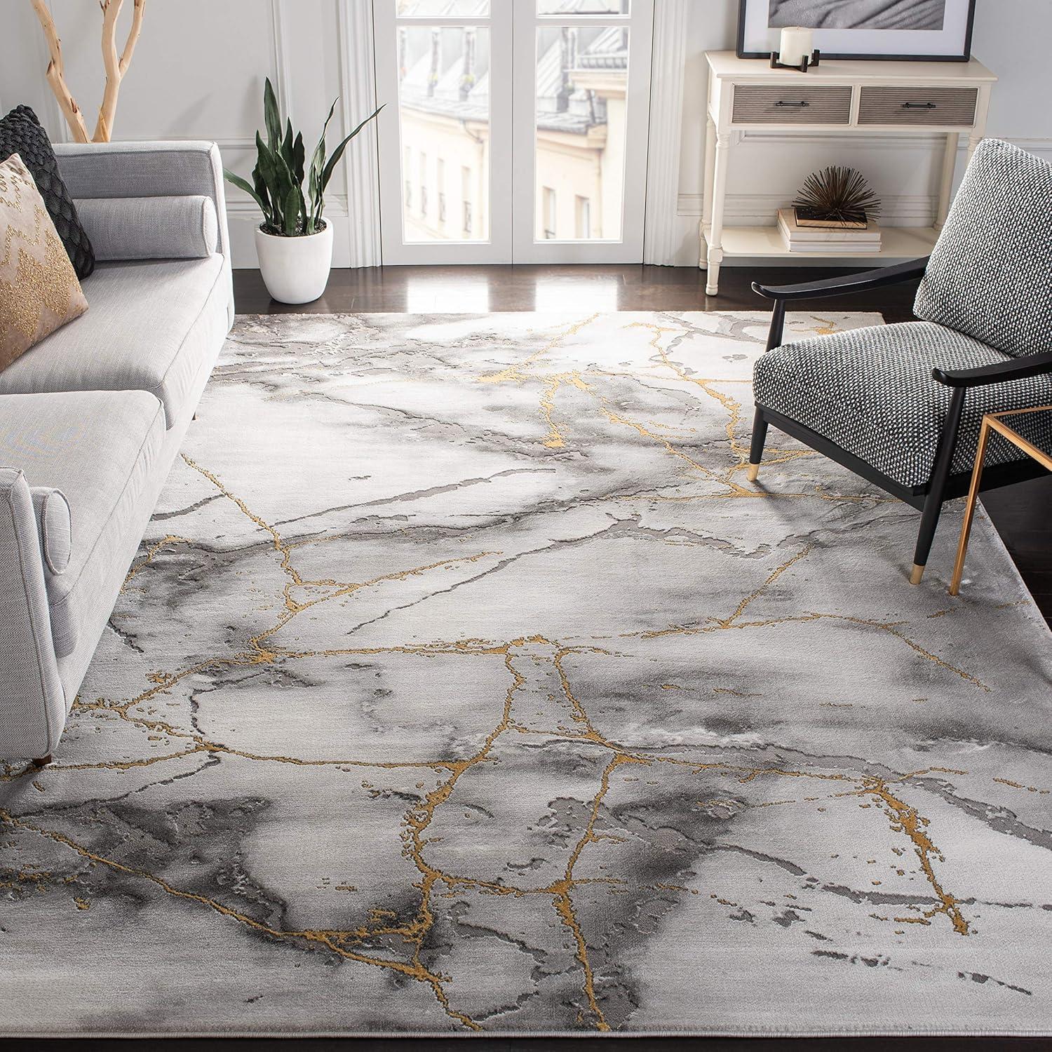 Elysian Abstract Swirls 12' x 18' Grey & Gold Synthetic Area Rug