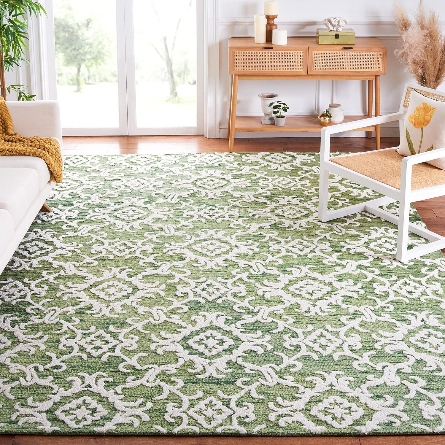 Ivory and Green Handmade Wool Tufted 8' x 10' Rug