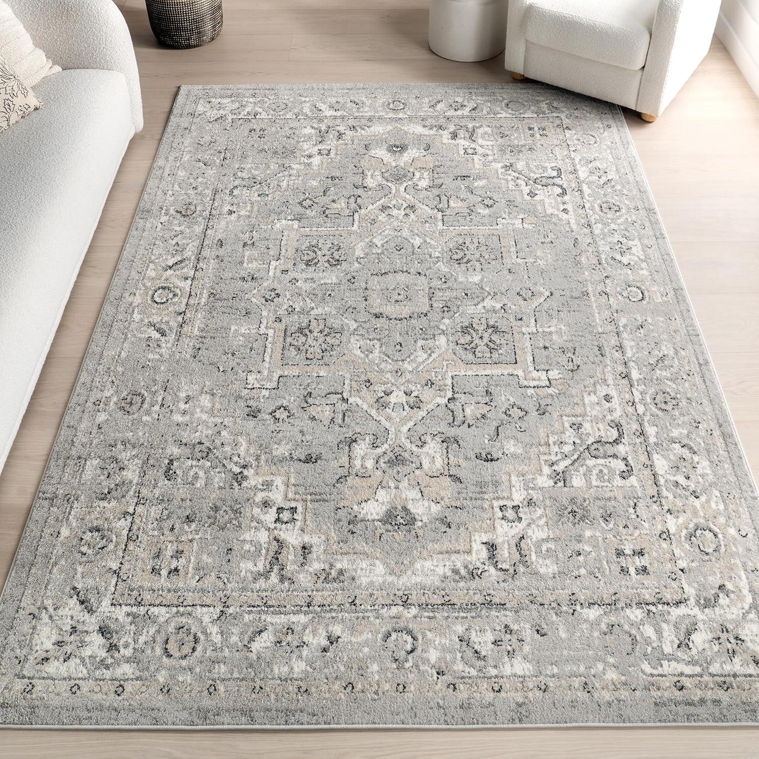 Gena Light Gray Medallion Synthetic Area Rug, 6' 7" x 9'