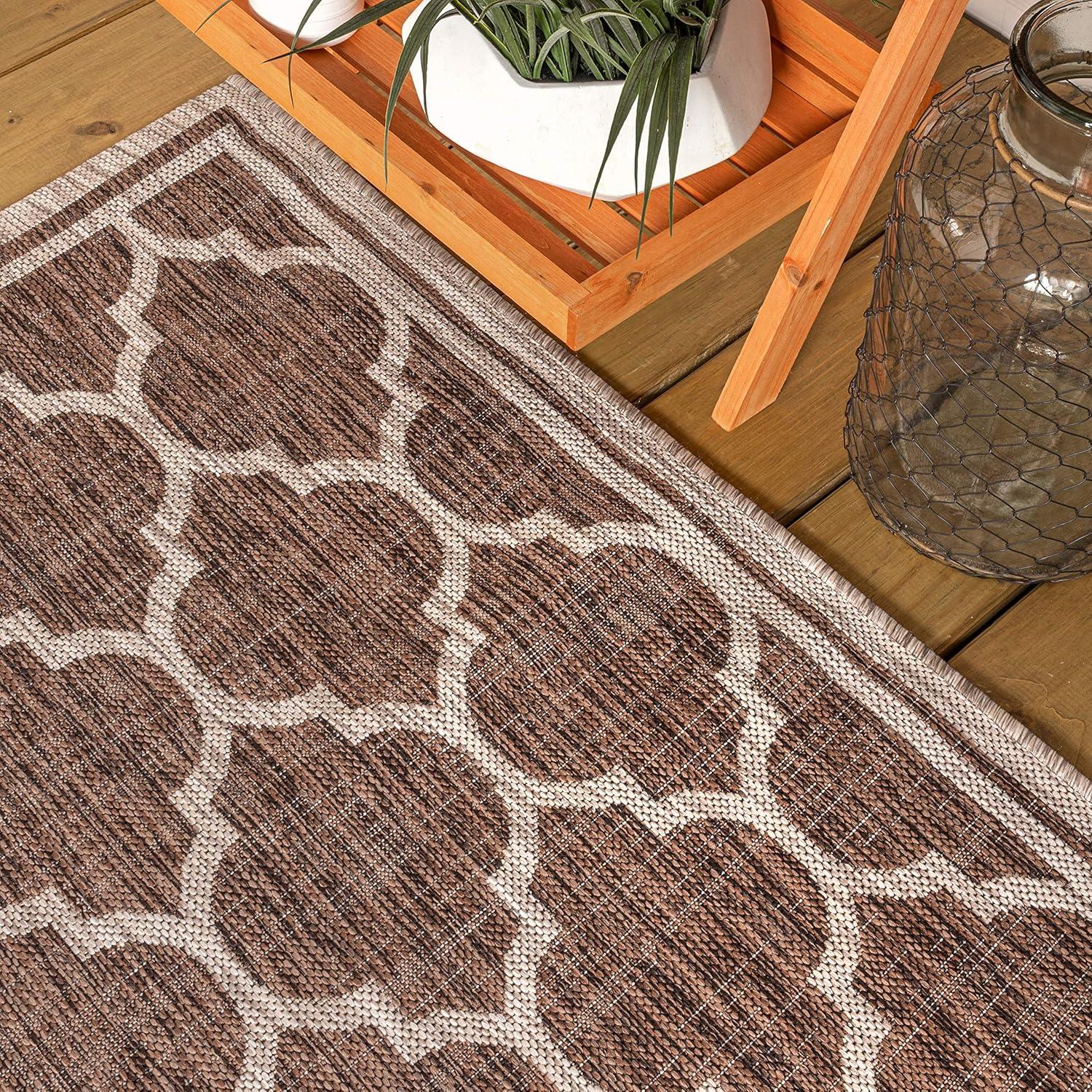 5' Round Trebol Moroccan Trellis Textured Weave Indoor/Outdoor Area Rug, Espresso/Taupe - JONATHAN Y