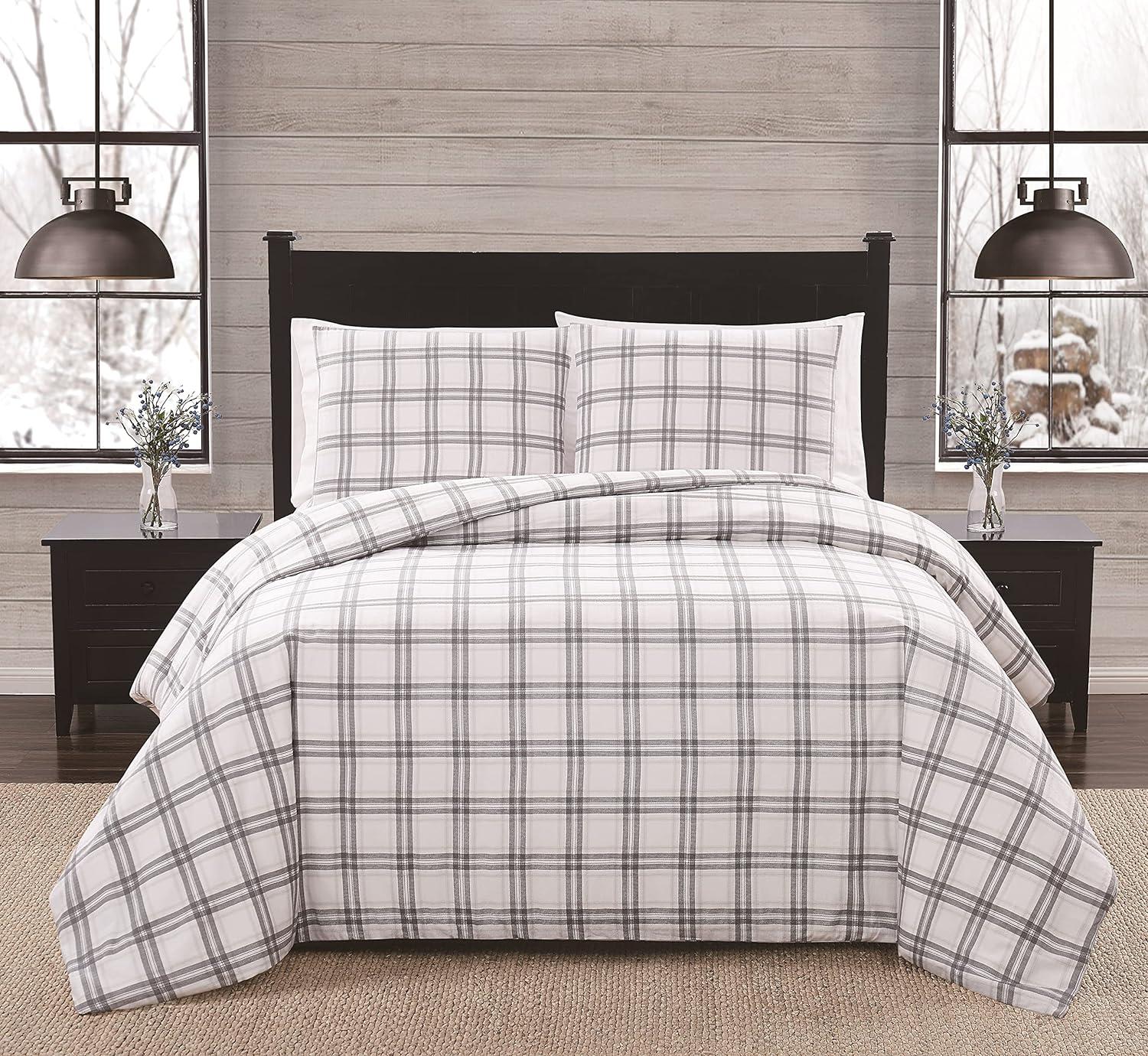 King Gray Plaid Cotton Flannel Duvet and Sham Set