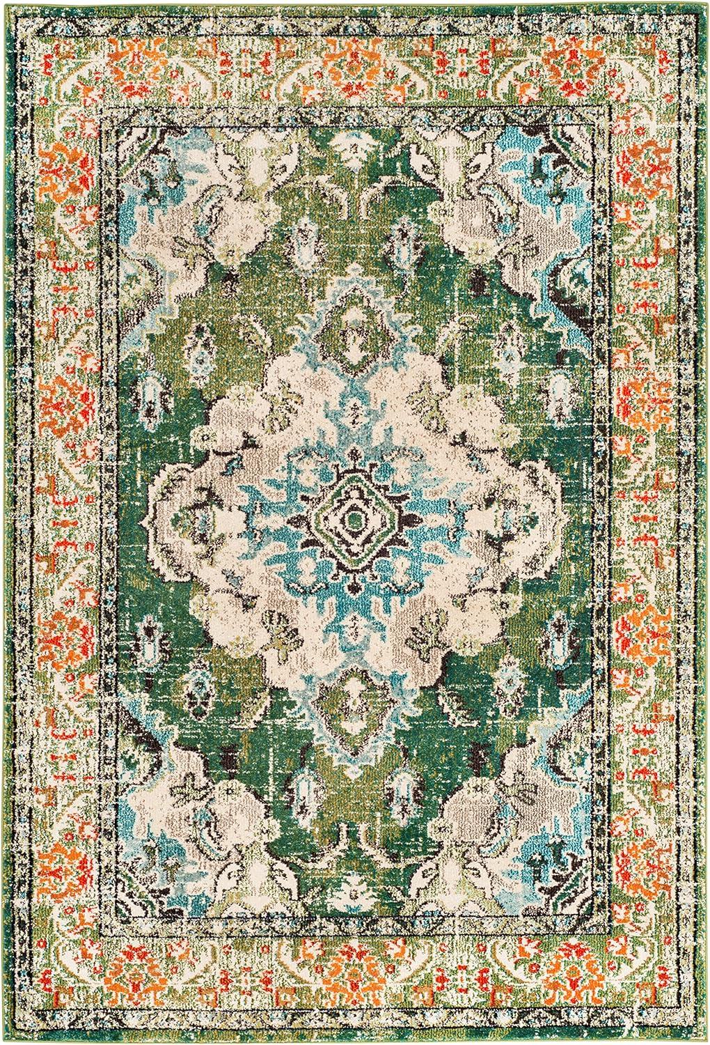 Bohemian Chic Light Blue & Forest Green Synthetic Area Rug - 5'1" x 7'7"