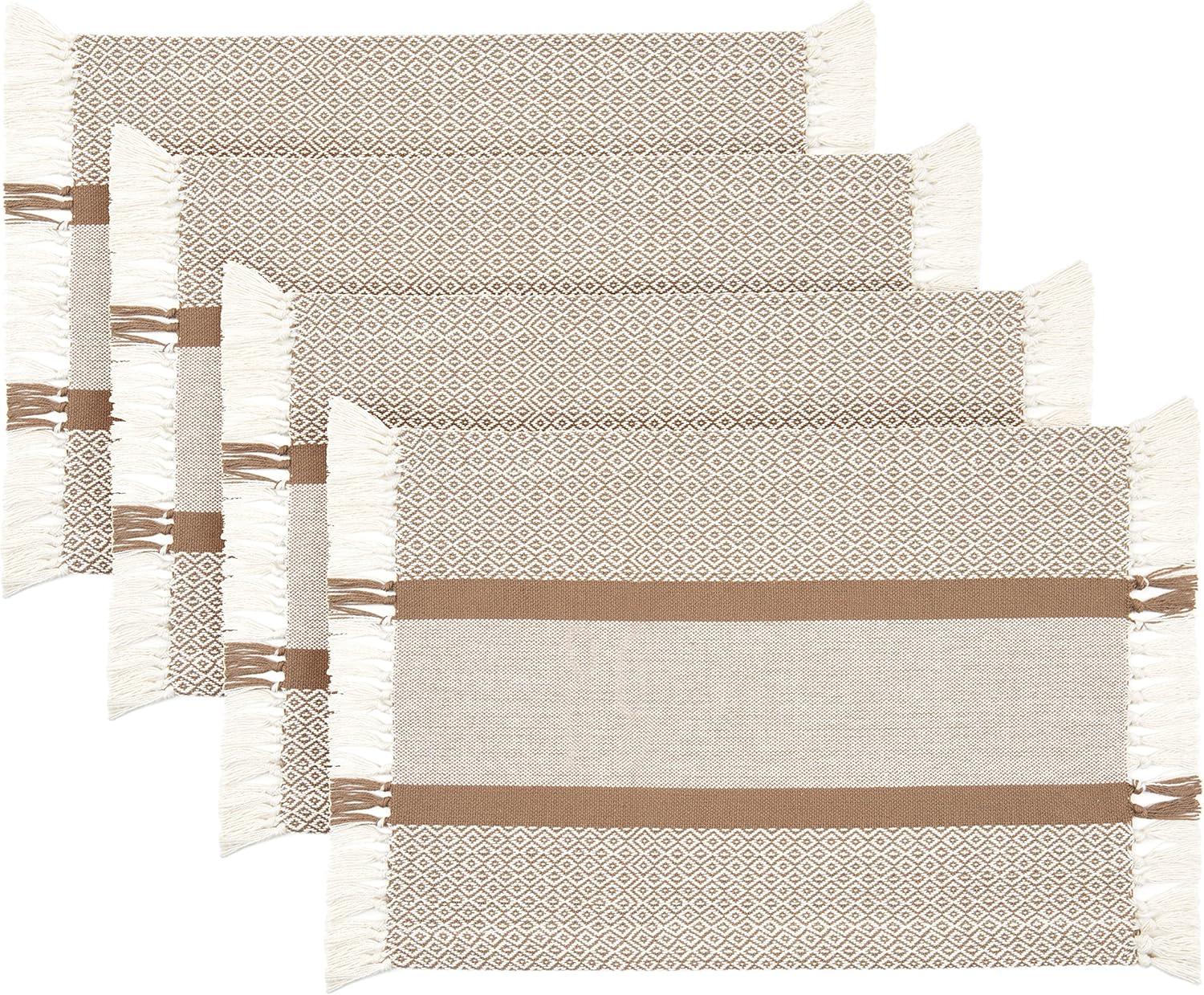 Sticky Toffee Cotton Woven Placemat Set with Fringe, Traditional Diamond, 4 Pack, Tan, 14 in x 19 in