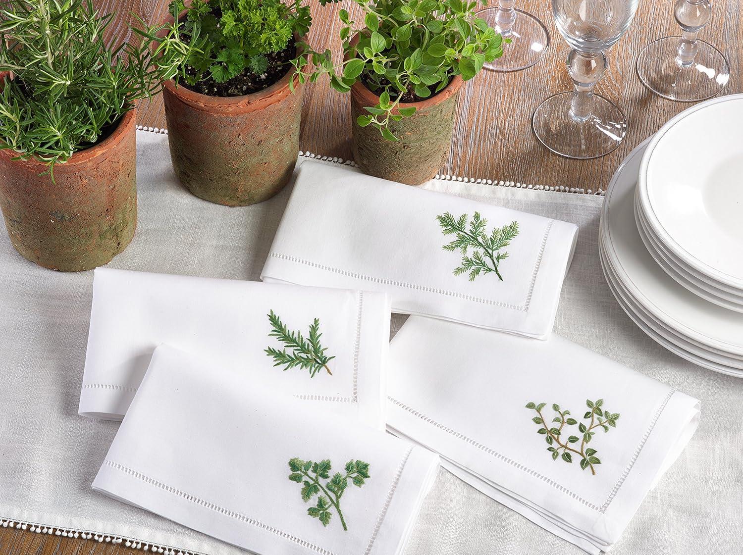 Saro Lifestyle Embroidered Rosemary Design Hemstitched Trim Border Cotton Napkin (Set of 6), 20"x20", White