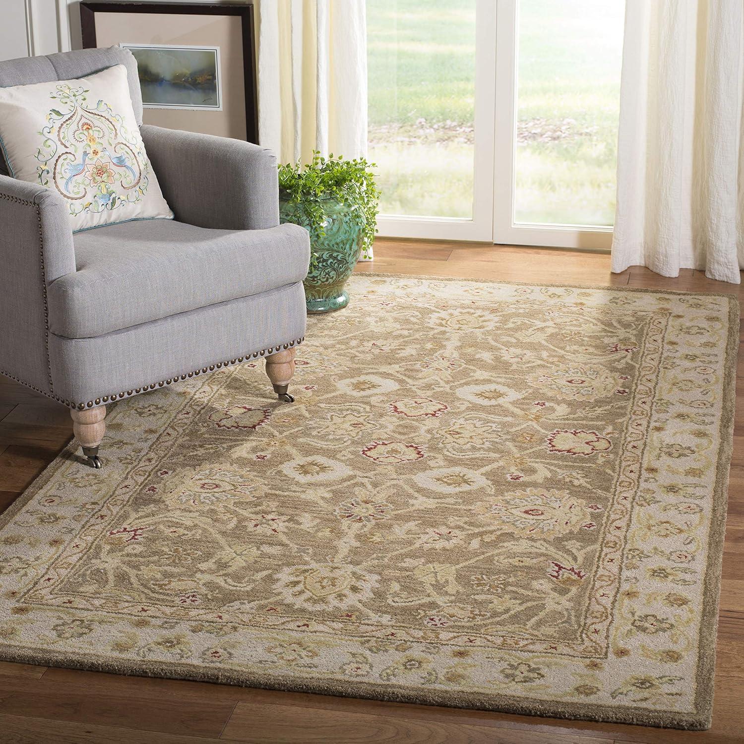 Handmade Tufted Tan/Ivory Floral Wool Square Rug 8'x8'