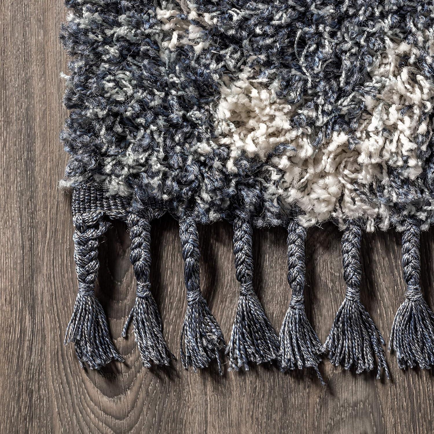4'x6' Mercer Shag Plush Tassel Moroccan Geometric Trellis Area Rug, Denim/Cream - JONATHAN Y
