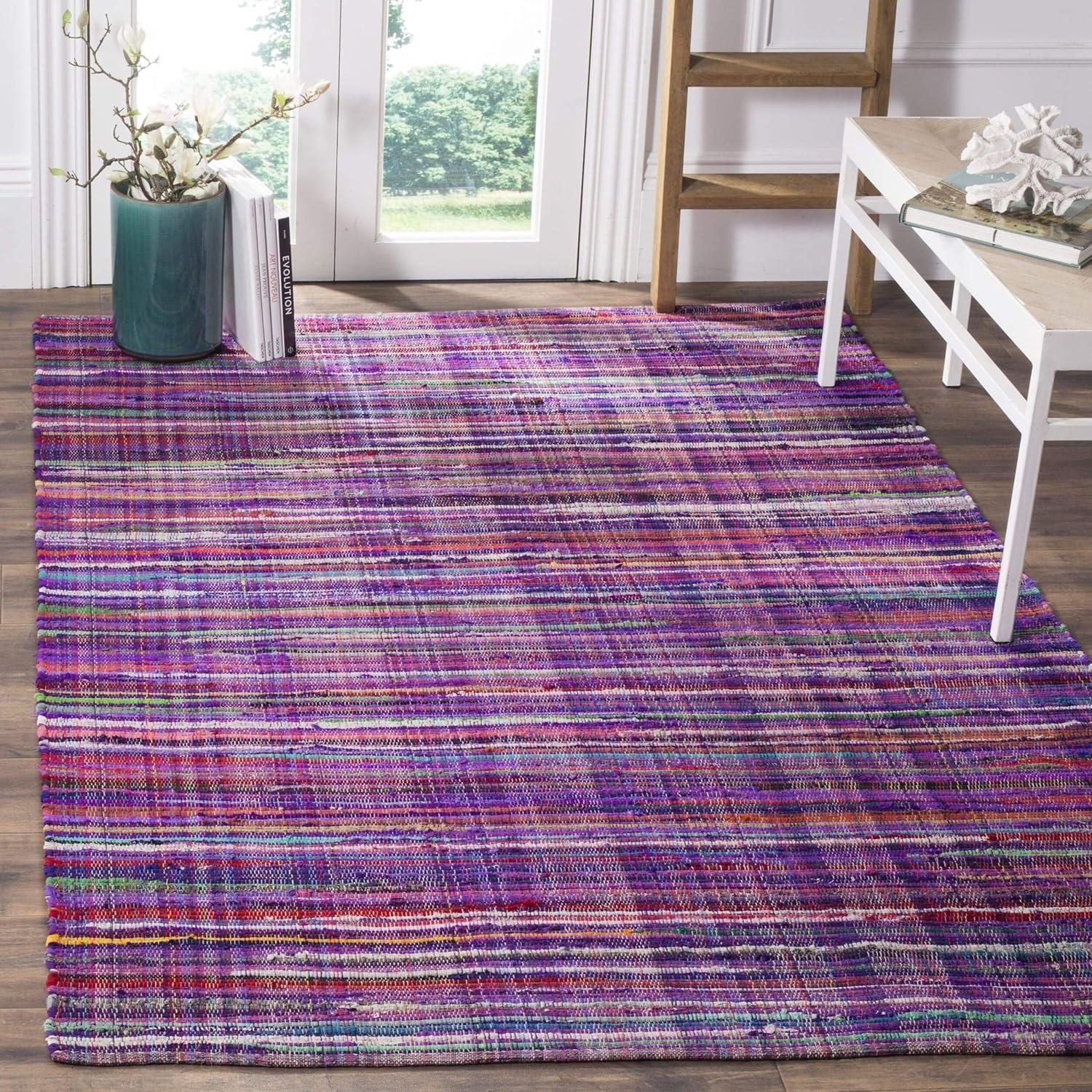 Handwoven Purple and Multicolor Striped Wool Cotton Rug, 8' x 10'