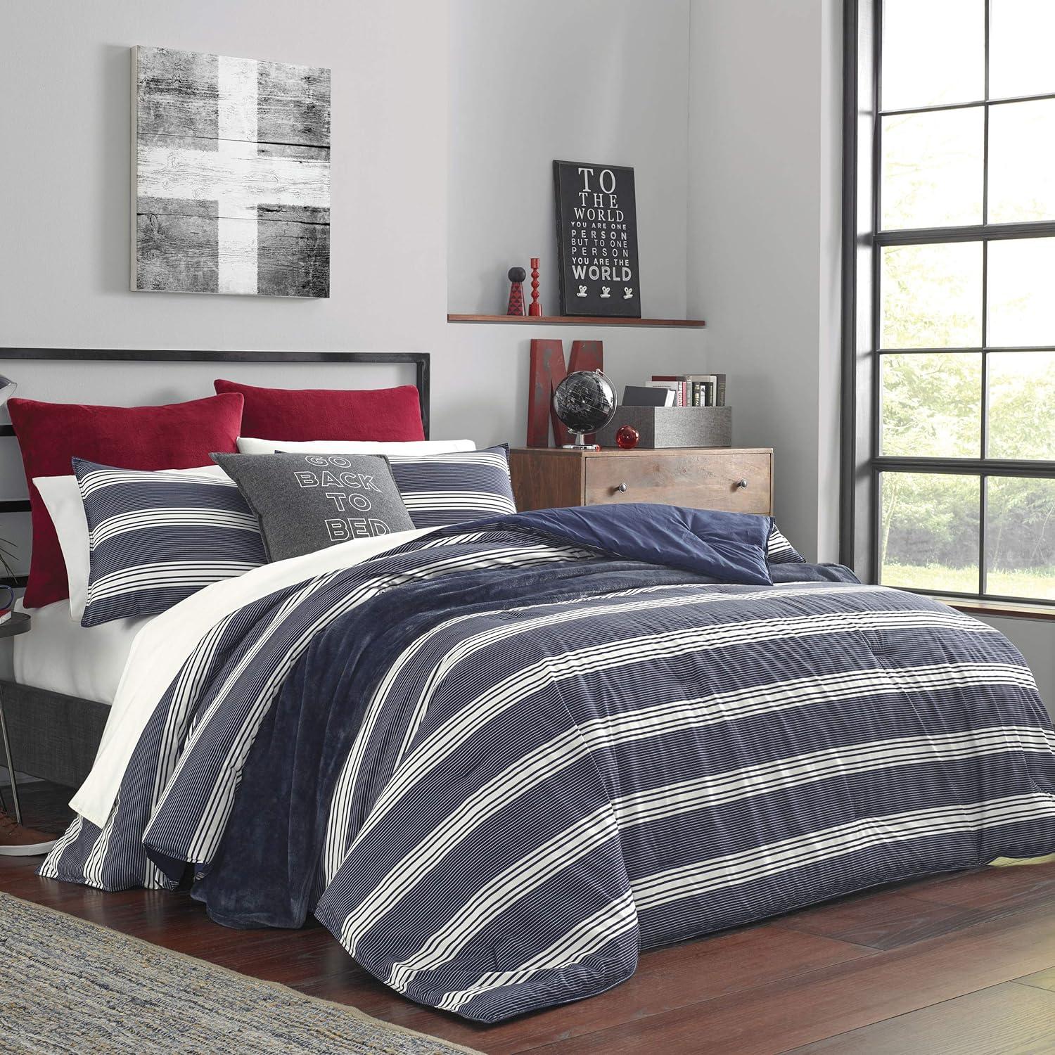 Navy and White Striped Cotton King Duvet Cover Set