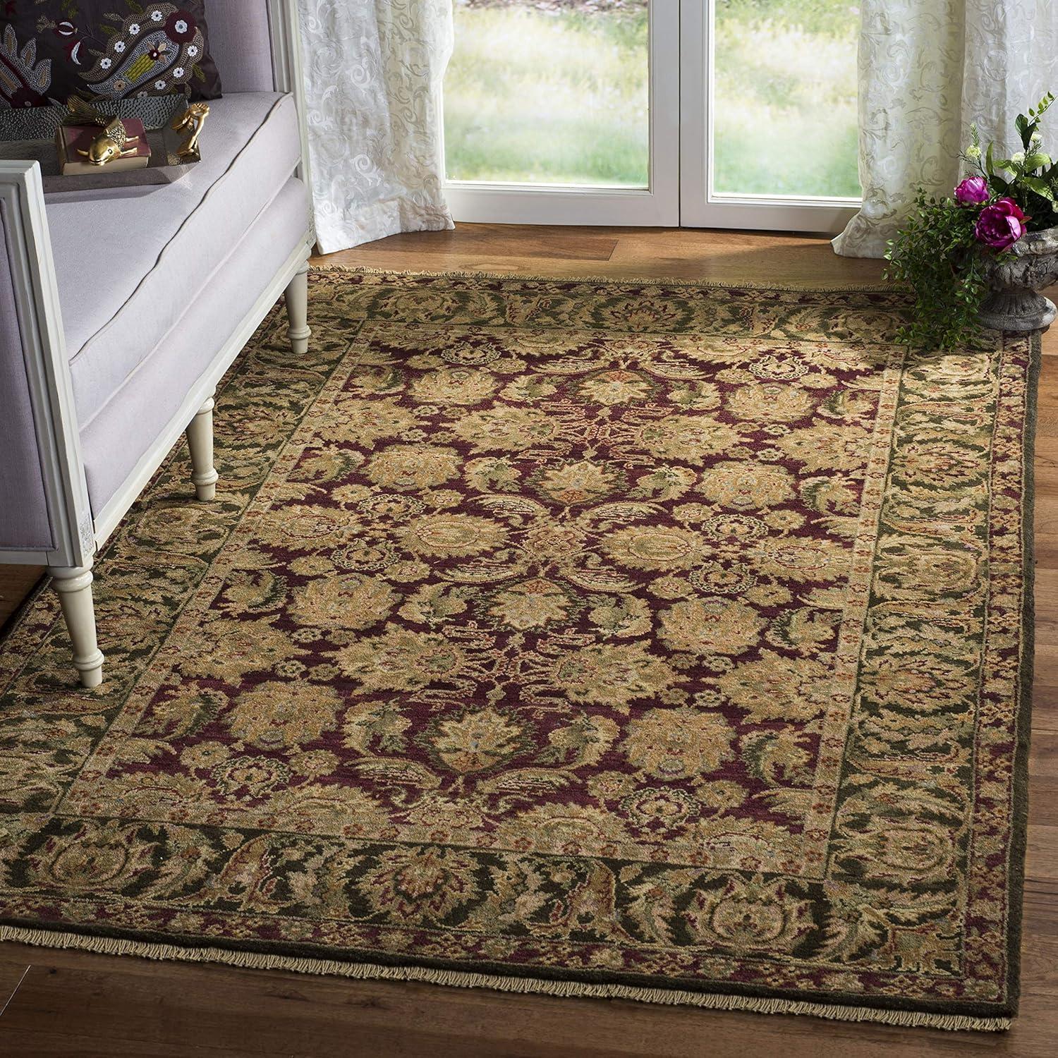 Burgundy and Green Hand-Knotted Wool 8' x 10' Area Rug