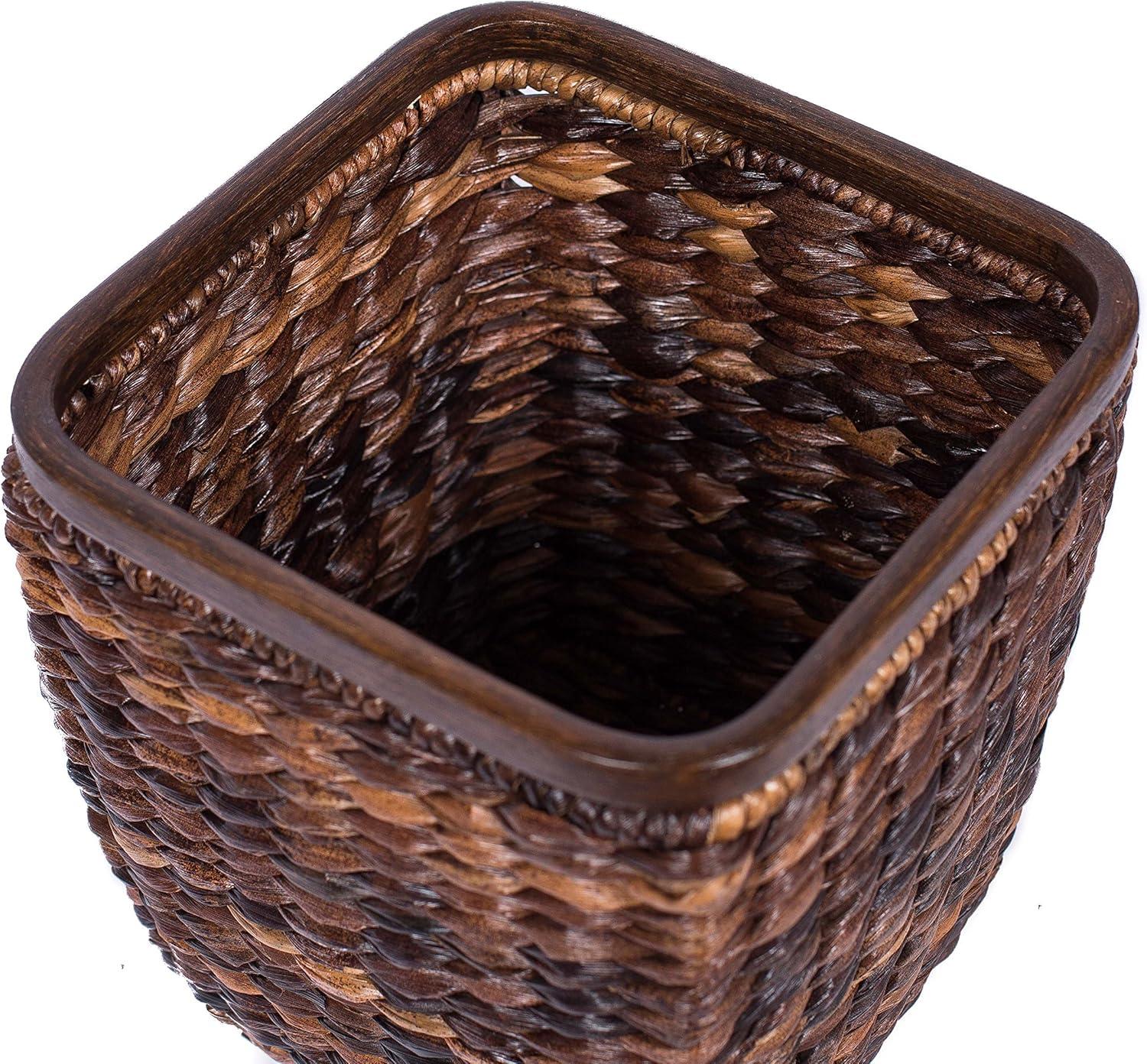 Espresso Seagrass Woven Office Wastebasket with Wooden Base