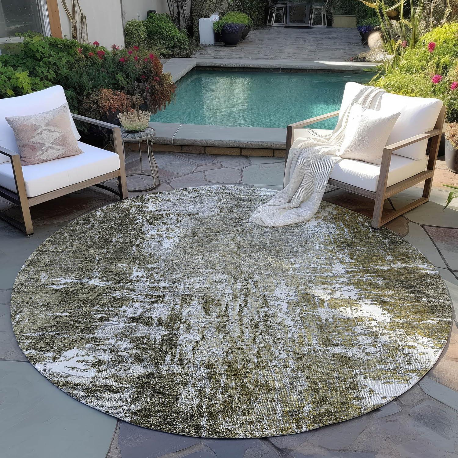 Taupe Round Synthetic Washable Indoor Outdoor Area Rug