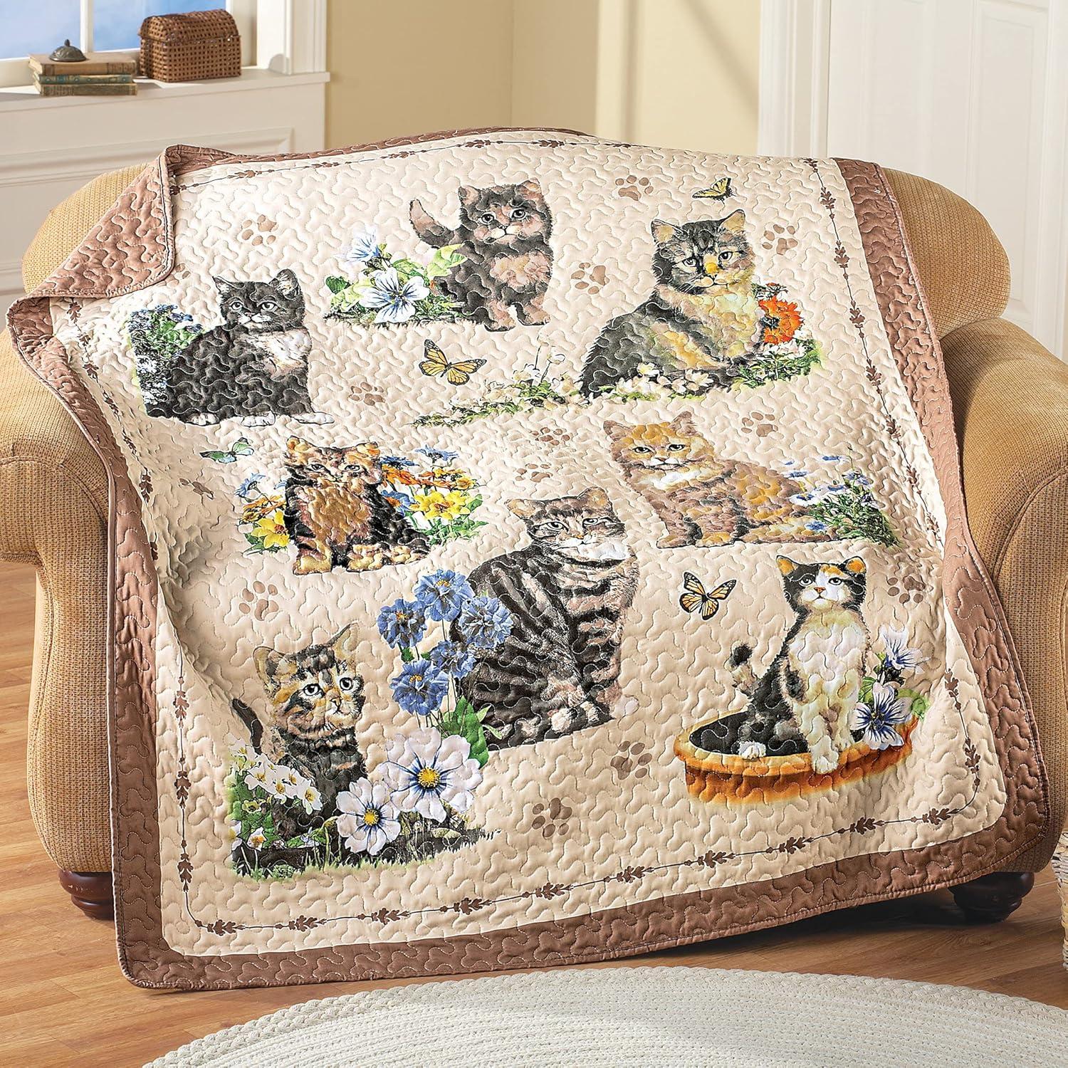 Collections Etc Quilted Charming Cat Collage Throw 60" x 50" x 0.14" Brown