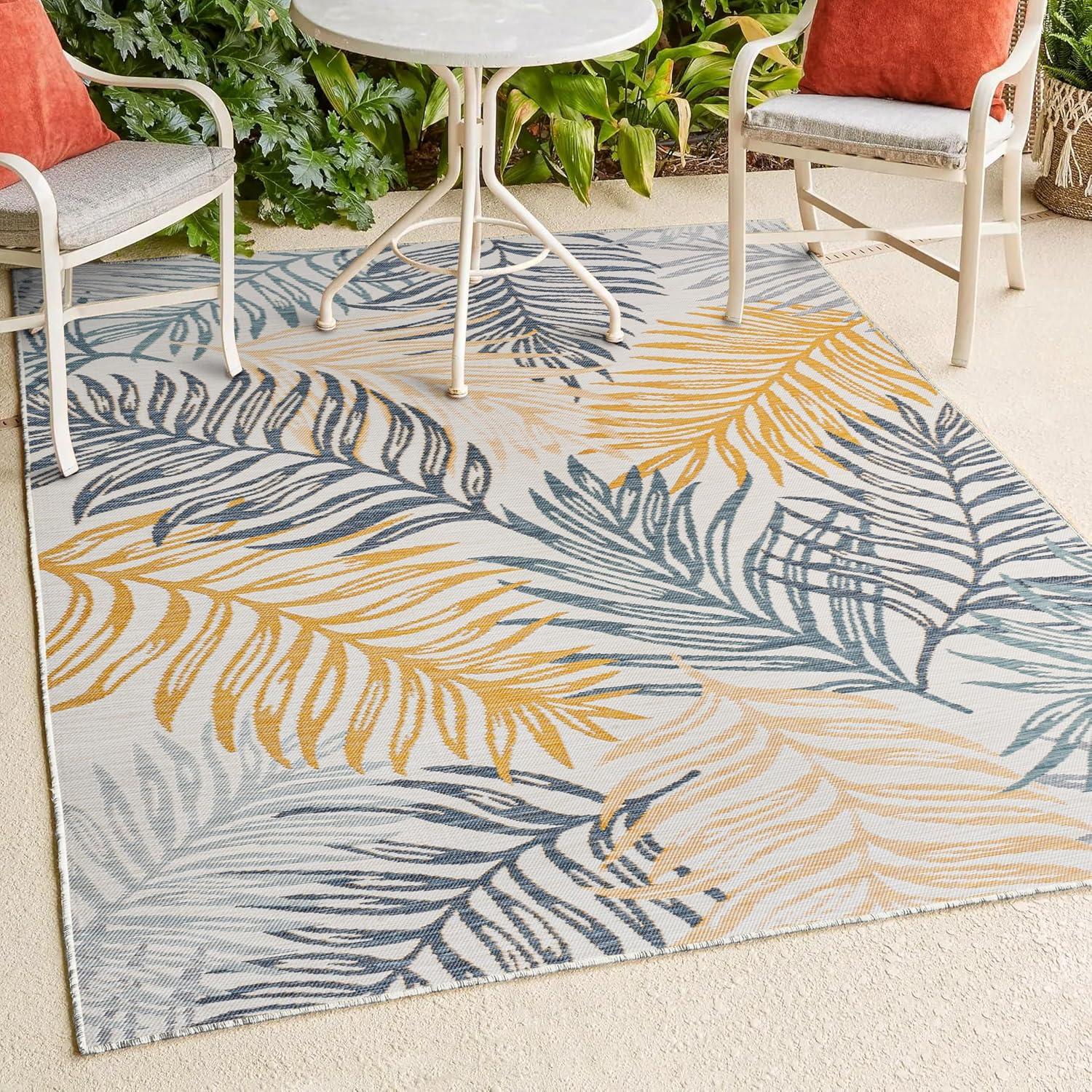 JONATHAN Y Calypso Coastal Casual Palm Frond Reversible Machine-Washable Cream/Navy 5 ft. x 8 ft. Indoor/Outdoor Area Rug