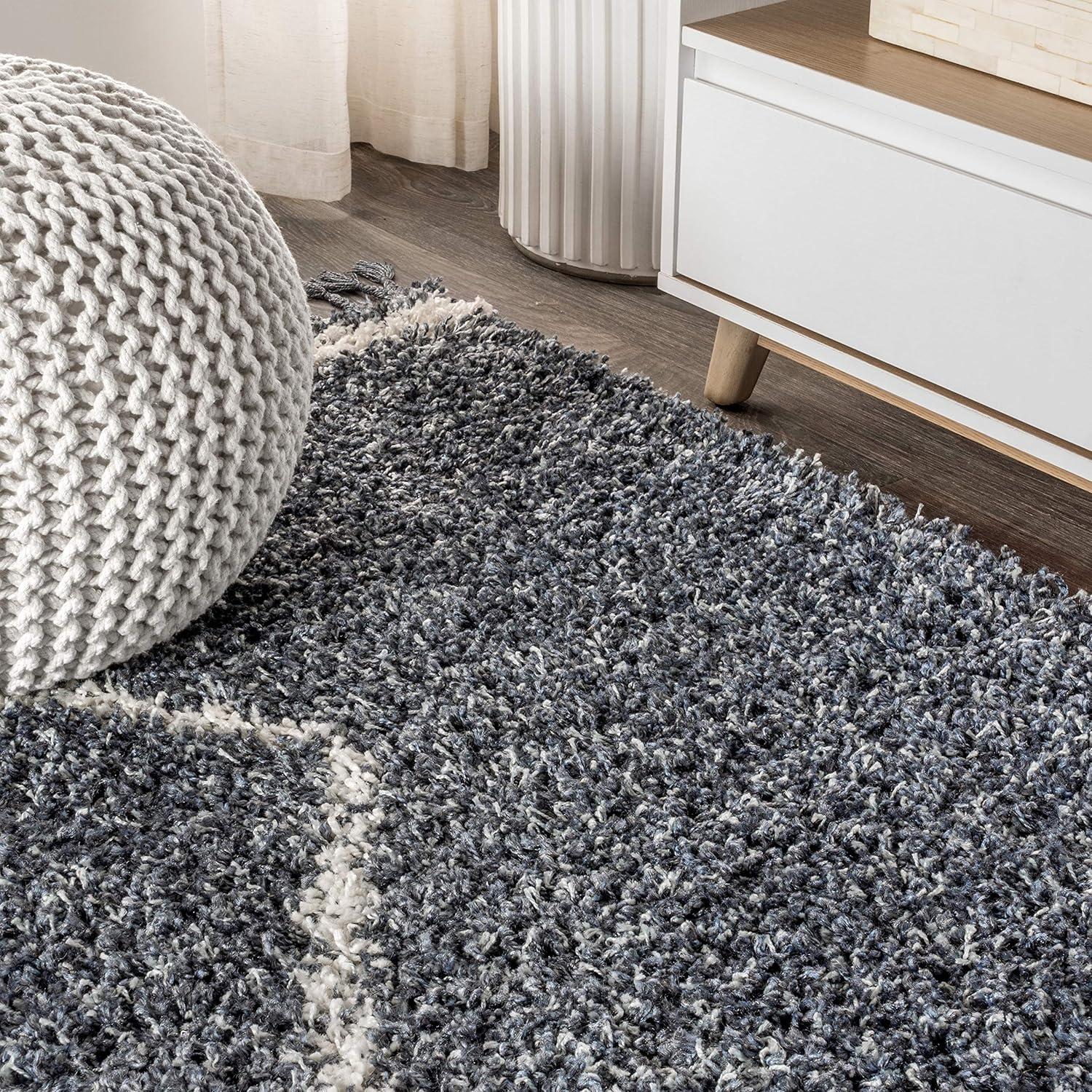 4'x6' Mercer Shag Plush Tassel Moroccan Geometric Trellis Area Rug, Cream/Grey - JONATHAN Y