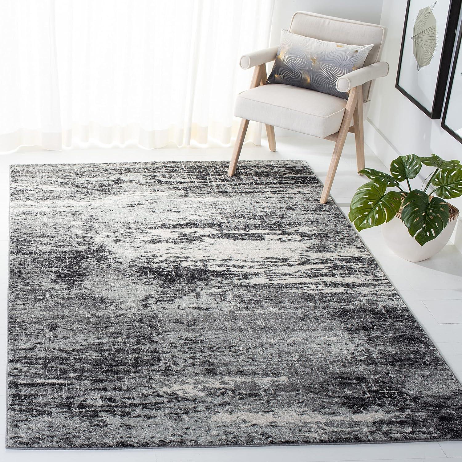 Ivory and Dark Grey Abstract 3' x 5' Stain-Resistant Rug