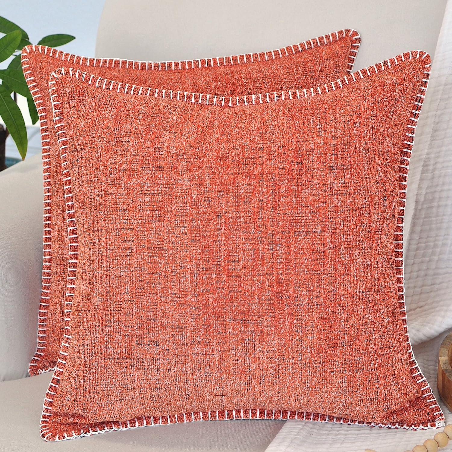 Soft Chenille Textured Pillow Covers Stitched Edge Set of 2 (18 x 18 inch, Coral Orange) / Cozy Cushion Covers / Modern Square Pillow Cases / Decorative Luxury Farmhouse Gray Pillow Covers