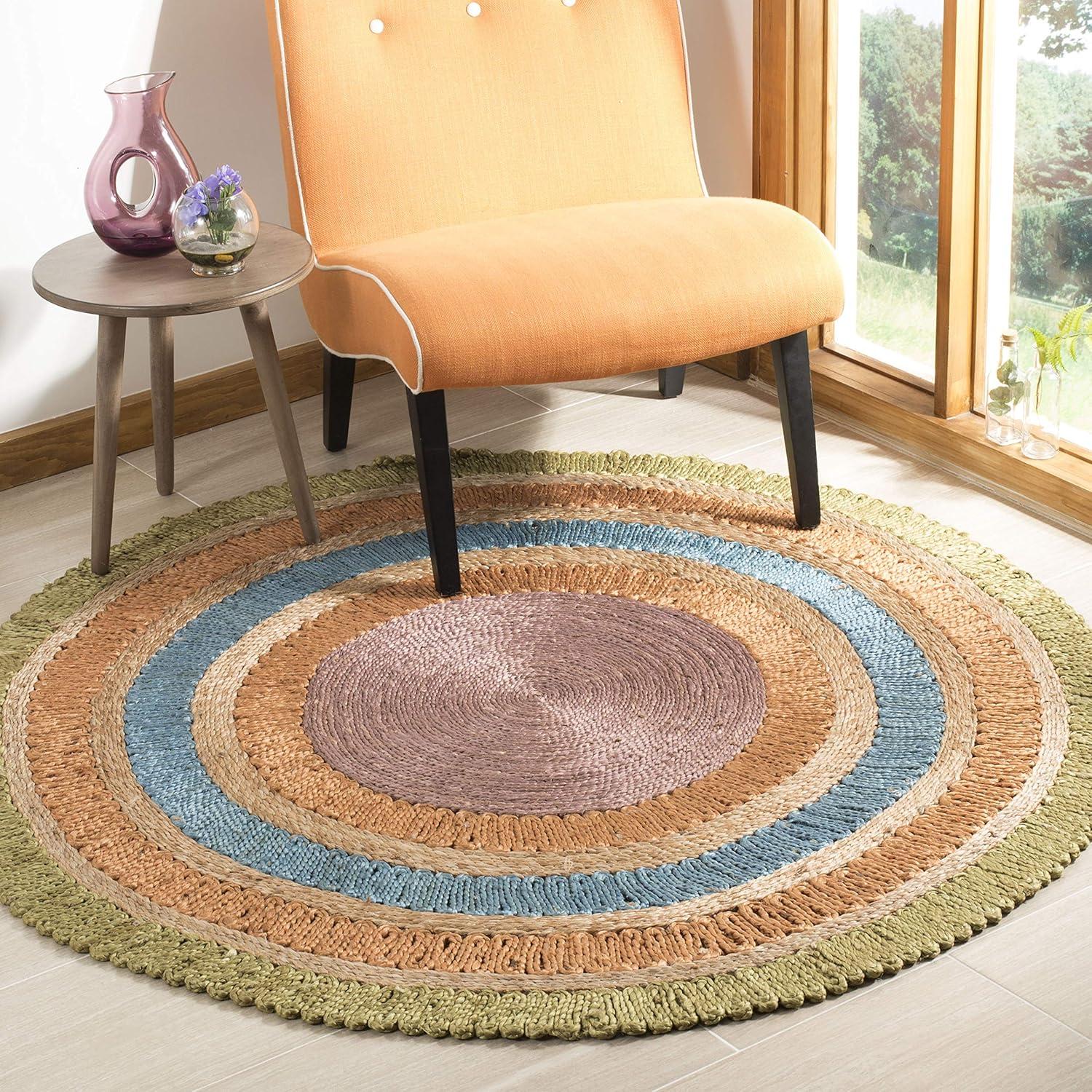 SAFAVIEH Natural Fiber Tanja Braided Jute Area Rug, Green/Multi, 3' x 3' Round