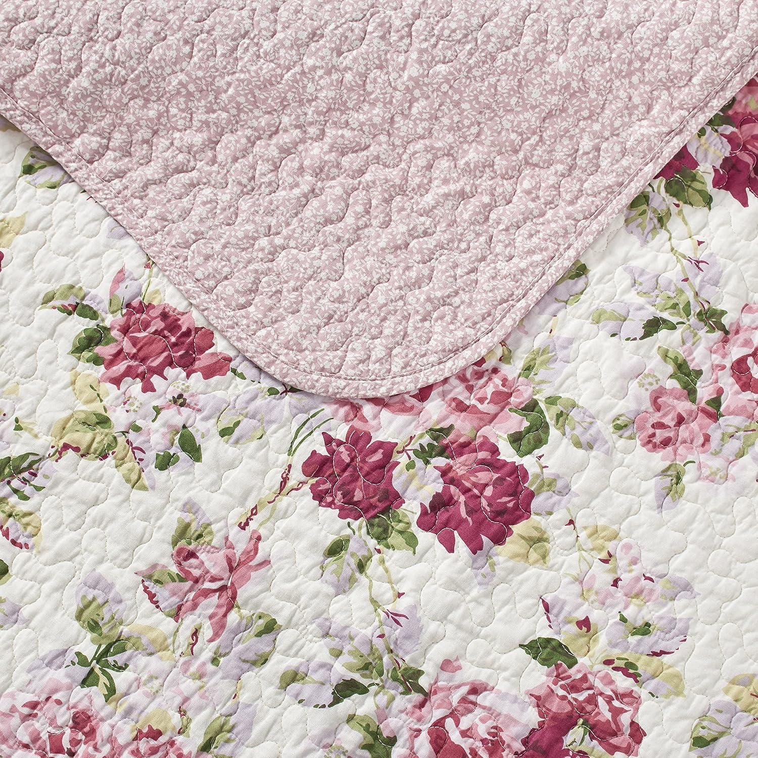 Laura Ashley King Lidia Quilt and Sham Set Pink: Floral Bedding, Pre-Washed, Machine Washable