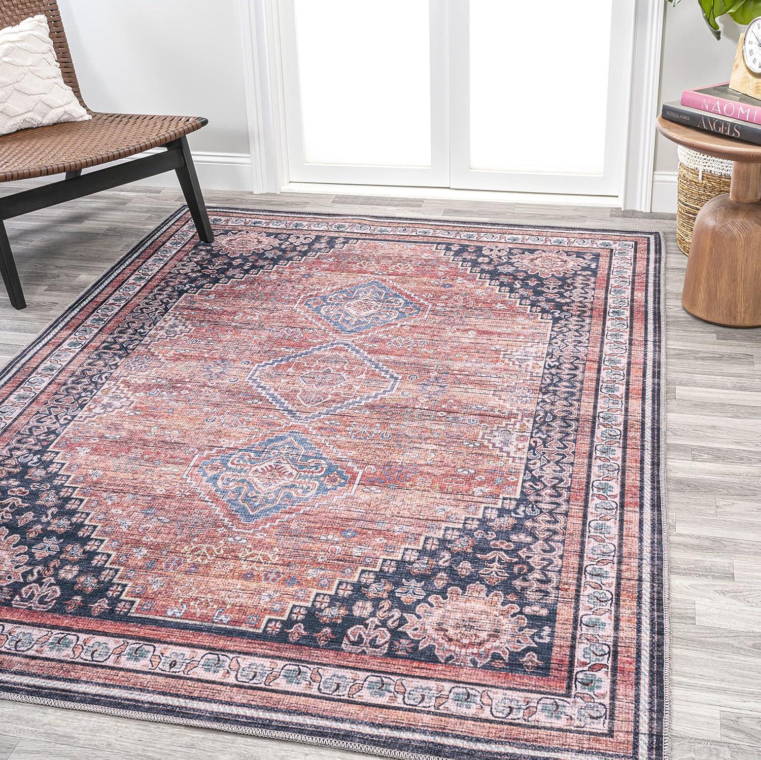 4' x 6' Dalyan Geometric Medallions Machine Washable Indoor/Outdoor Area Rug, Terra/Navy - JONATHAN Y