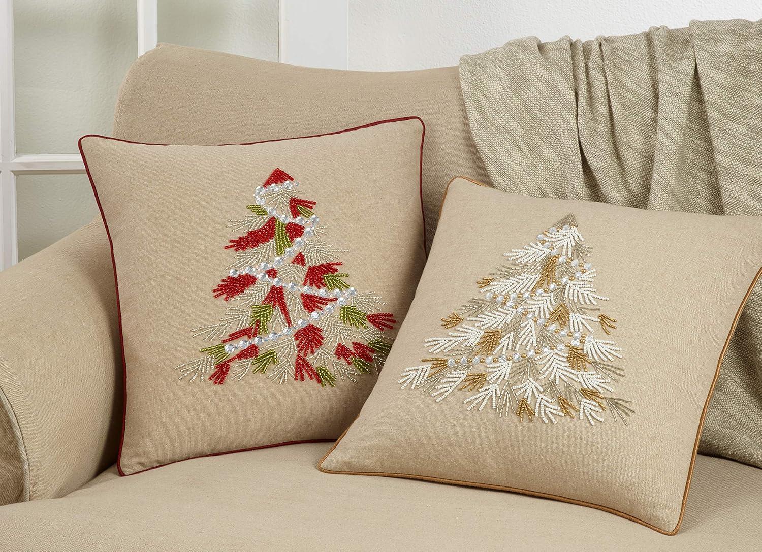 Festive Red Beaded Christmas Tree 18" Cotton Throw Pillow Cover