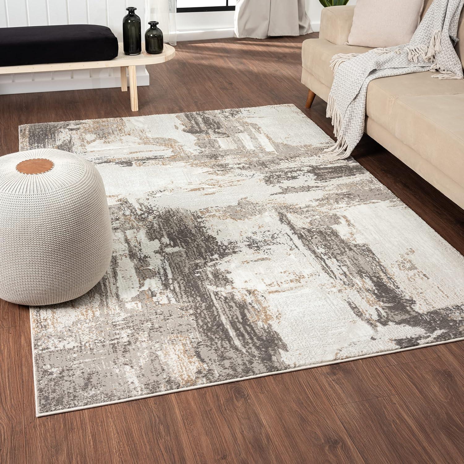 Beige Abstract 5' x 7' Stain-Resistant Synthetic Area Rug