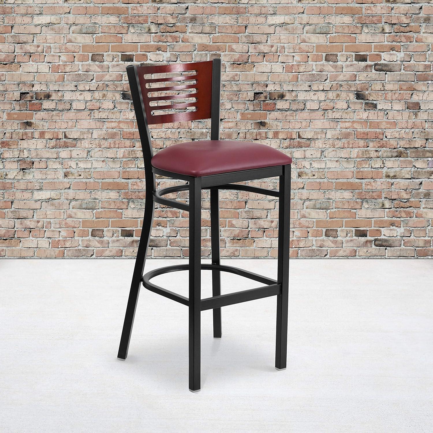 Flash Furniture HERCULES Series Black Slat Back Metal Restaurant Barstool - Mahogany Wood Back, Burgundy Vinyl Seat