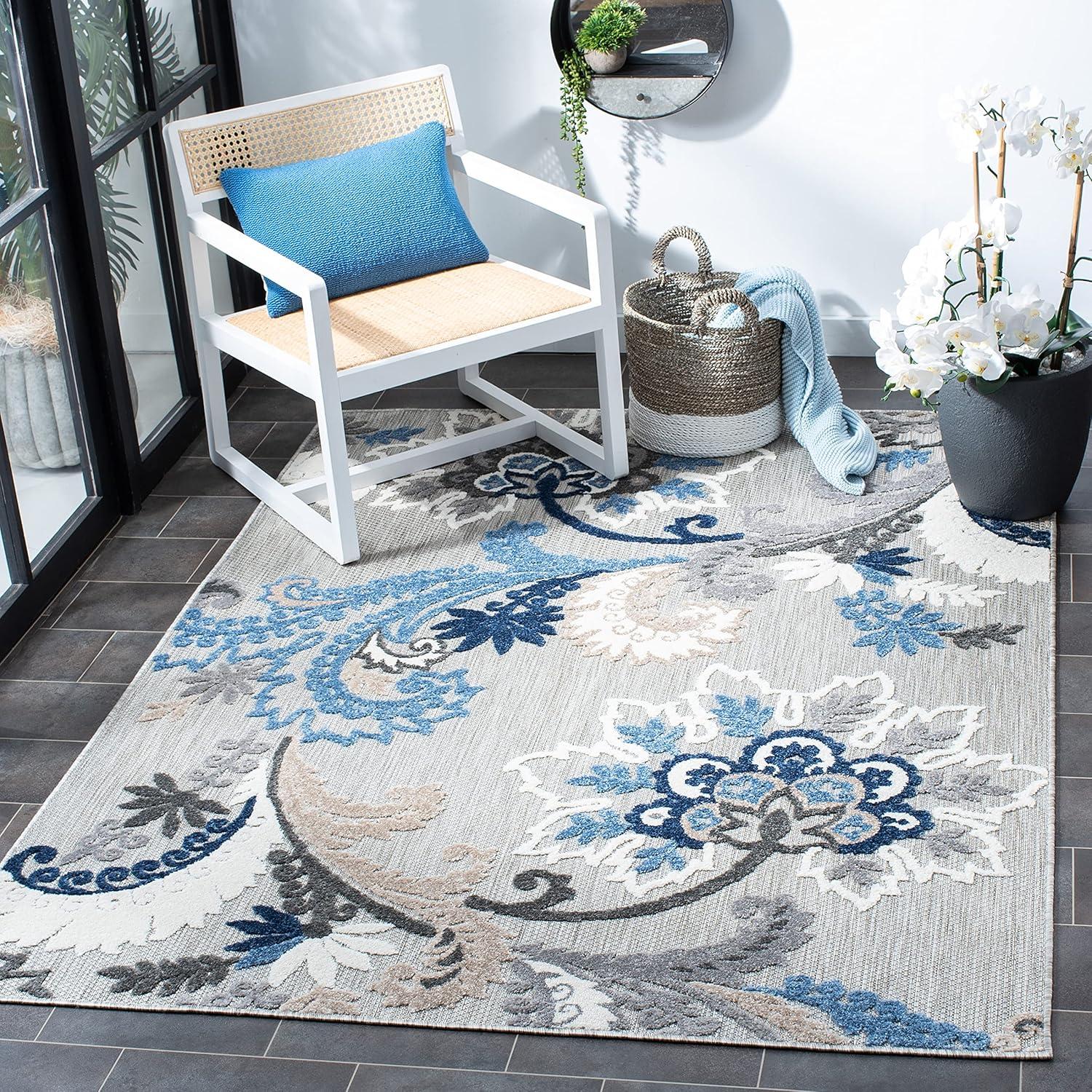 Reversible Blue Floral Easy-Care Synthetic Area Rug 53"x5"