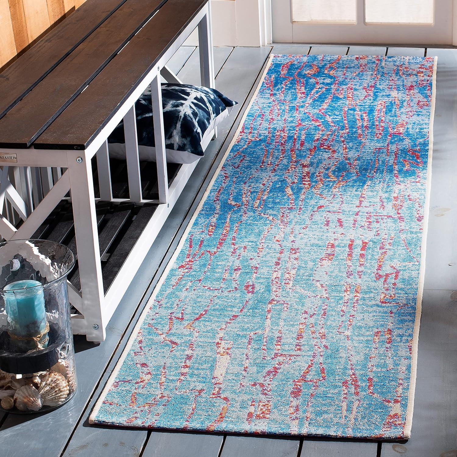 Coastal Breeze Blue and Red Synthetic 2'x8' Runner Rug