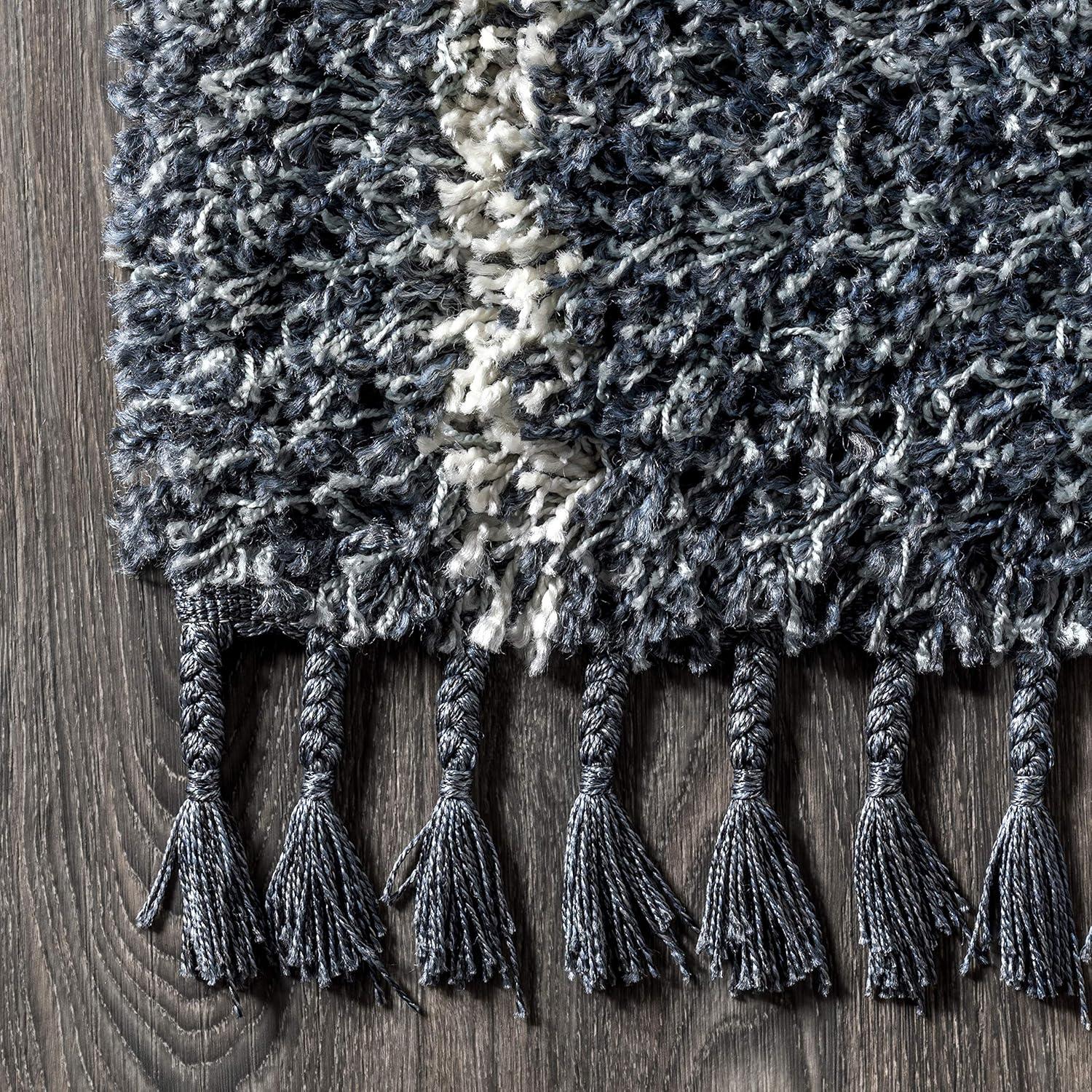 4'x6' Mercer Shag Plush Tassel Moroccan Geometric Trellis Area Rug, Denim/Cream - JONATHAN Y